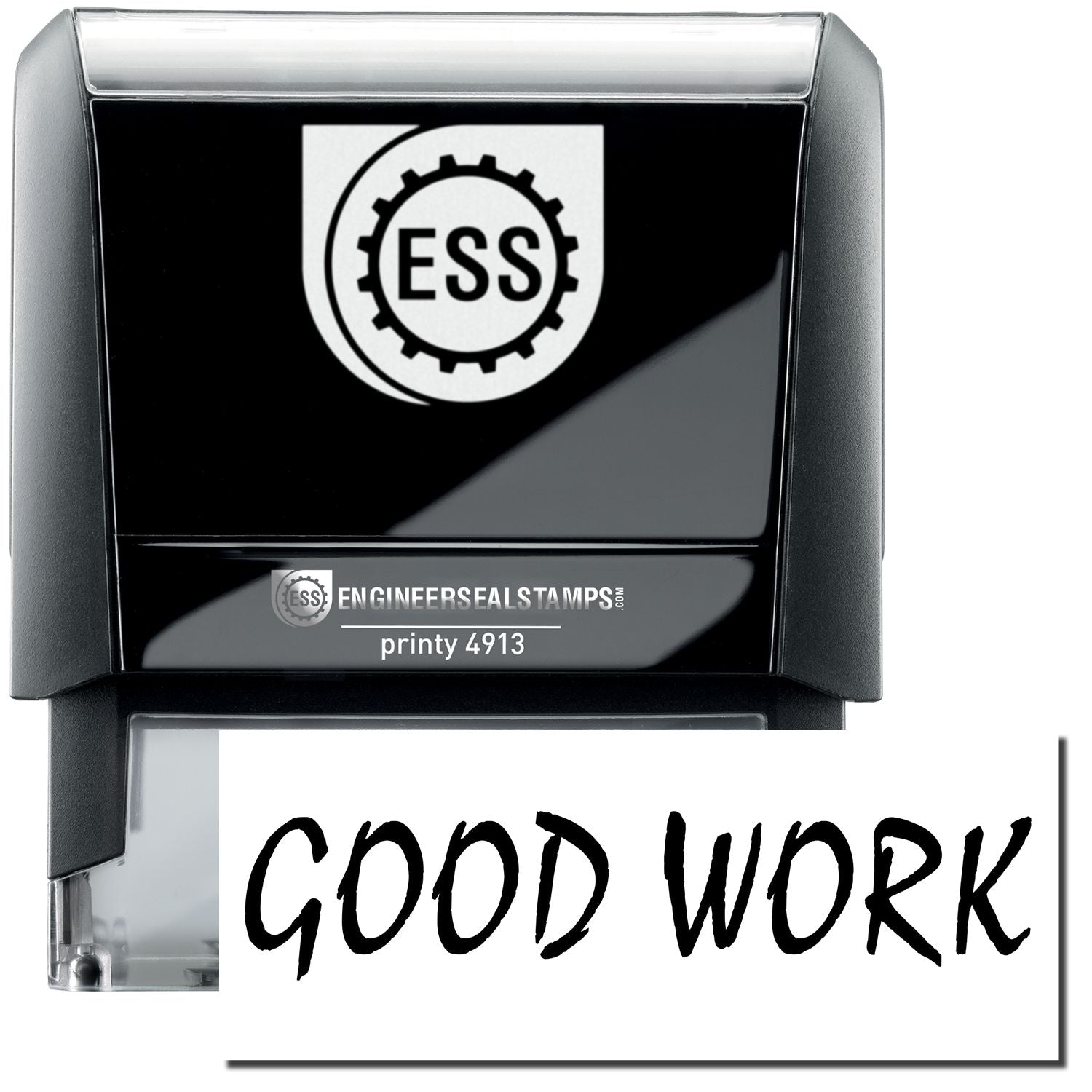 A self-inking stamp with a stamped image showing how the text GOOD WORK in a unique large bold font is displayed by it.