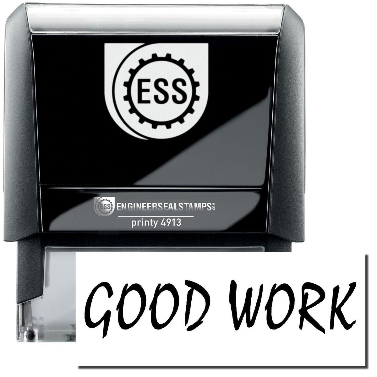 A self-inking stamp with a stamped image showing how the text &quot;GOOD WORK&quot; in a unique large bold font is displayed by it.