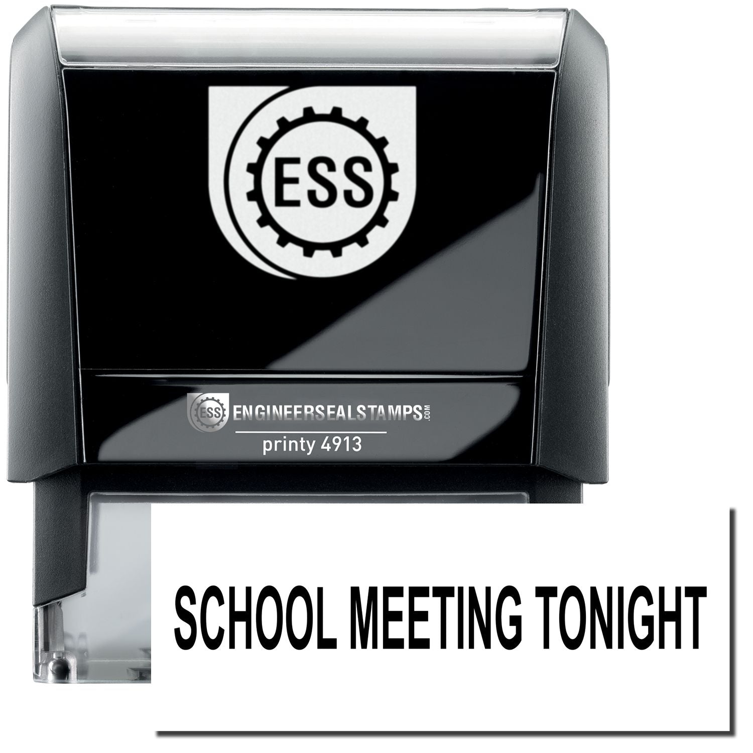 A self-inking stamp with a stamped image showing how the text SCHOOL MEETING TONIGHT in a large bold font is displayed by it.