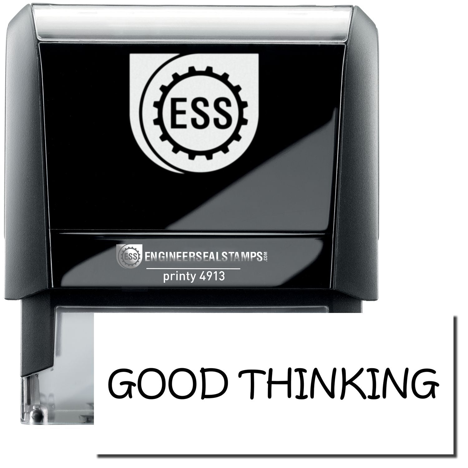 A self-inking stamp with a stamped image showing how the text "GOOD THINKING" in a unique large font is displayed by it.