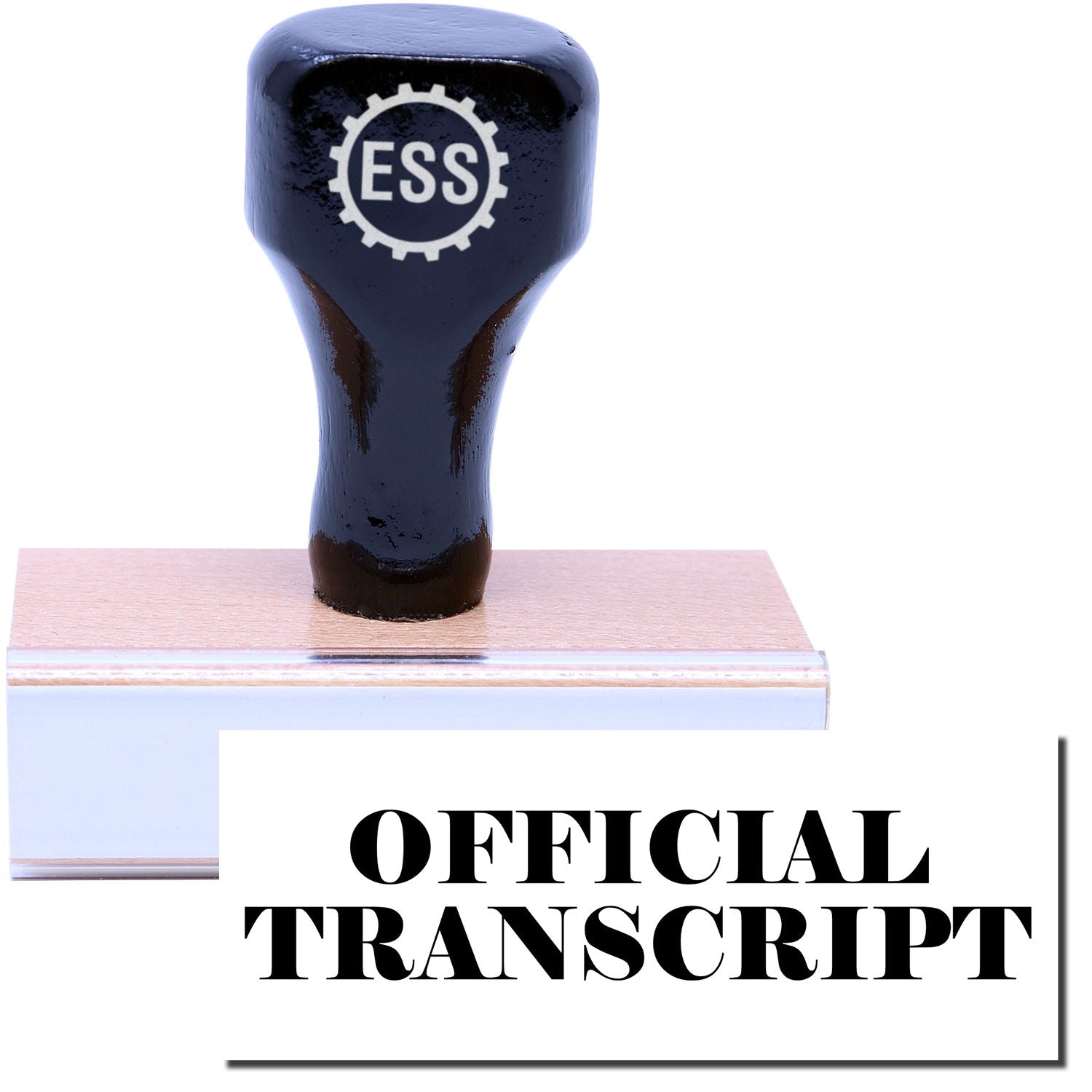 A stock office rubber stamp with a stamped image showing how the text OFFICIAL TRANSCRIPT in a large font is displayed after stamping.