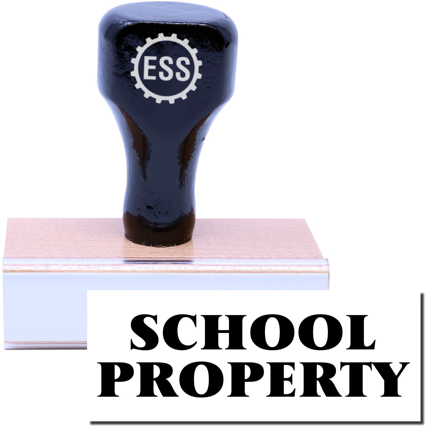 A stock office rubber stamp with a stamped image showing how the text "SCHOOL PROPERTY" in a large font is displayed after stamping.