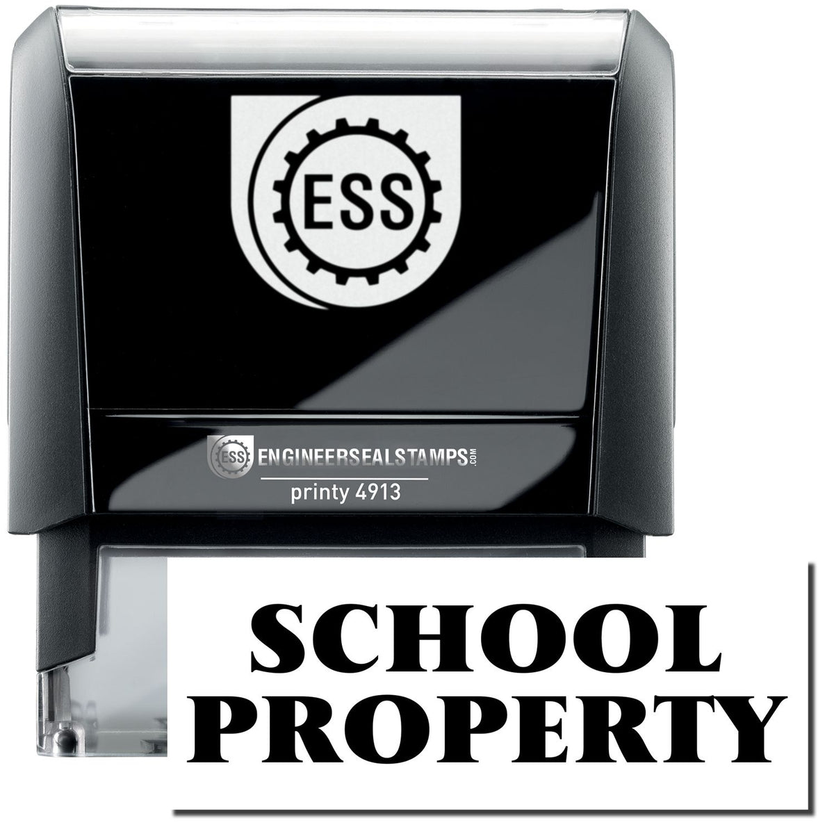 A self-inking stamp with a stamped image showing how the text &quot;SCHOOL PROPERTY&quot; in a large bold font is displayed by it.