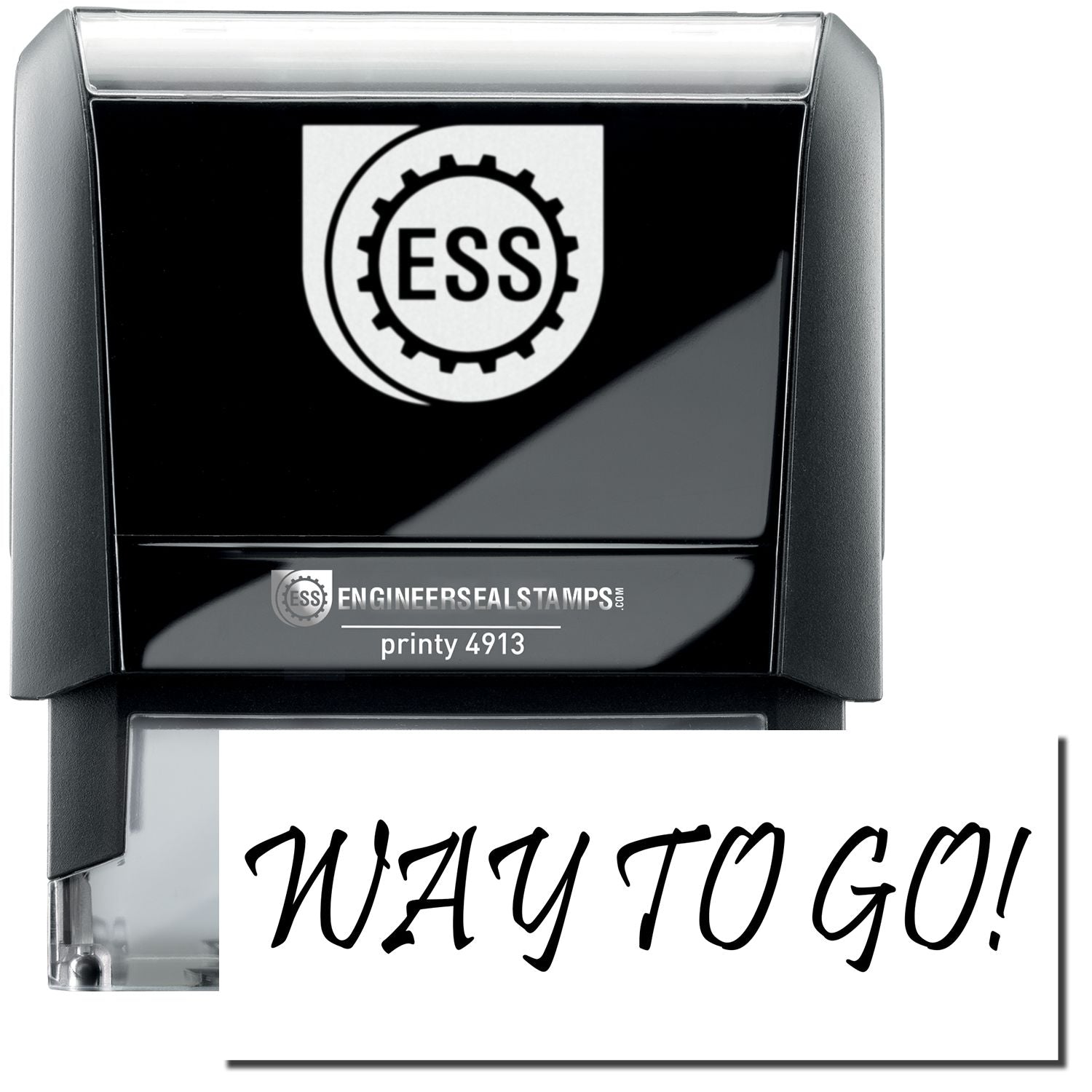 A self-inking stamp with a stamped image showing how the text WAY TO GO! in a unique large font is displayed by it.