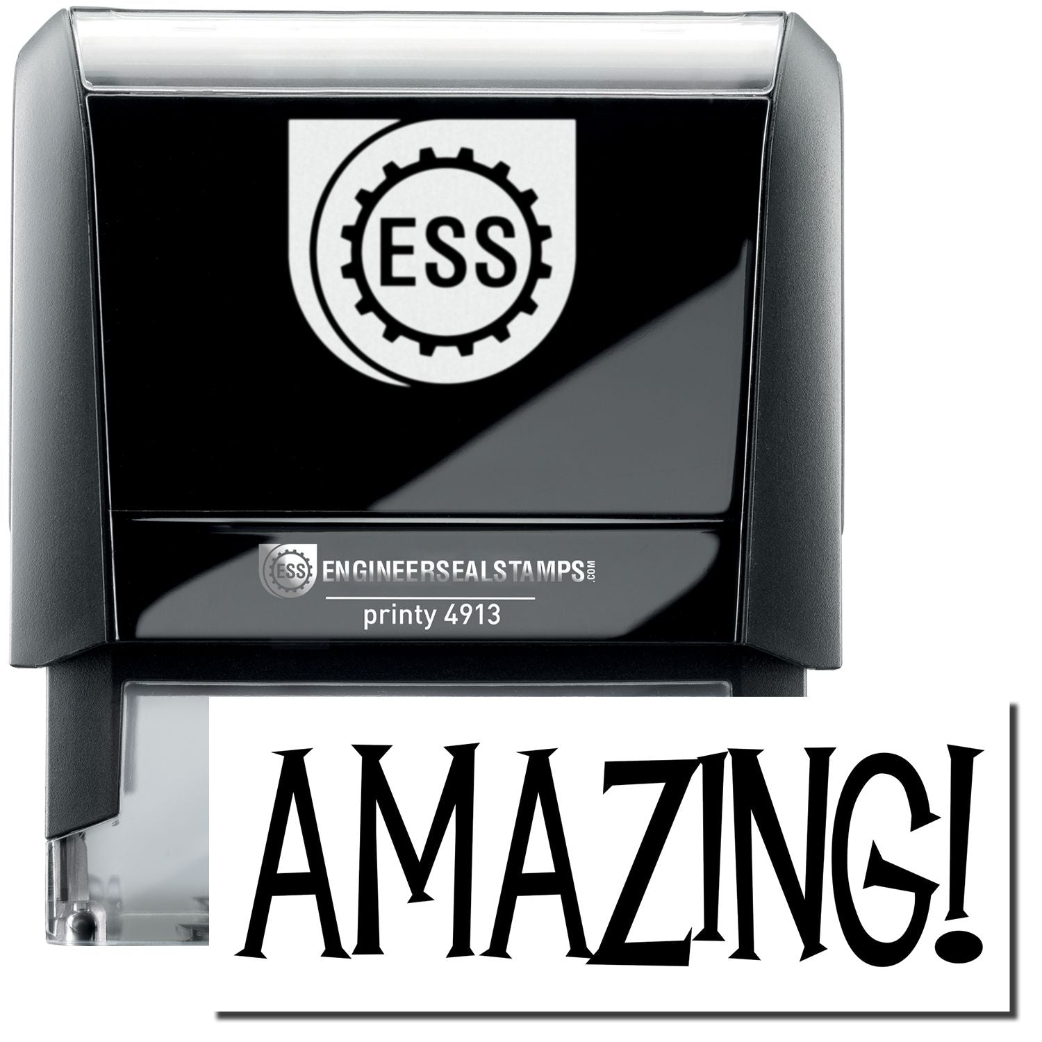 A self-inking stamp with a stamped image showing how the text AMAZING! in a unique large bold font is displayed by it.