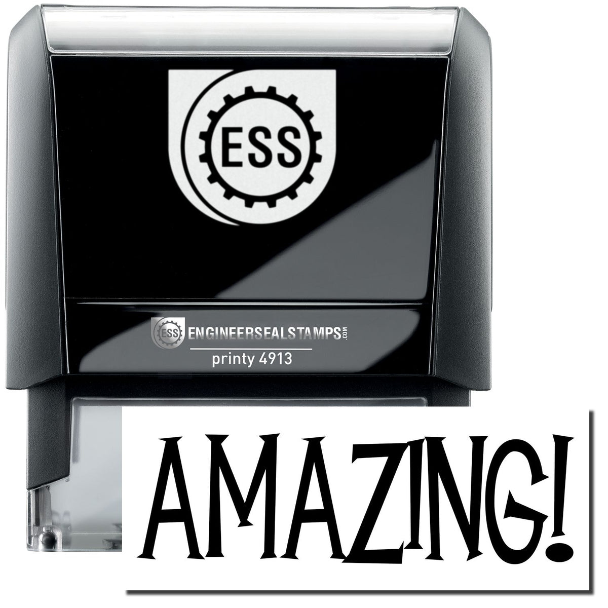 A self-inking stamp with a stamped image showing how the text &quot;AMAZING!&quot; in a unique large bold font is displayed by it.