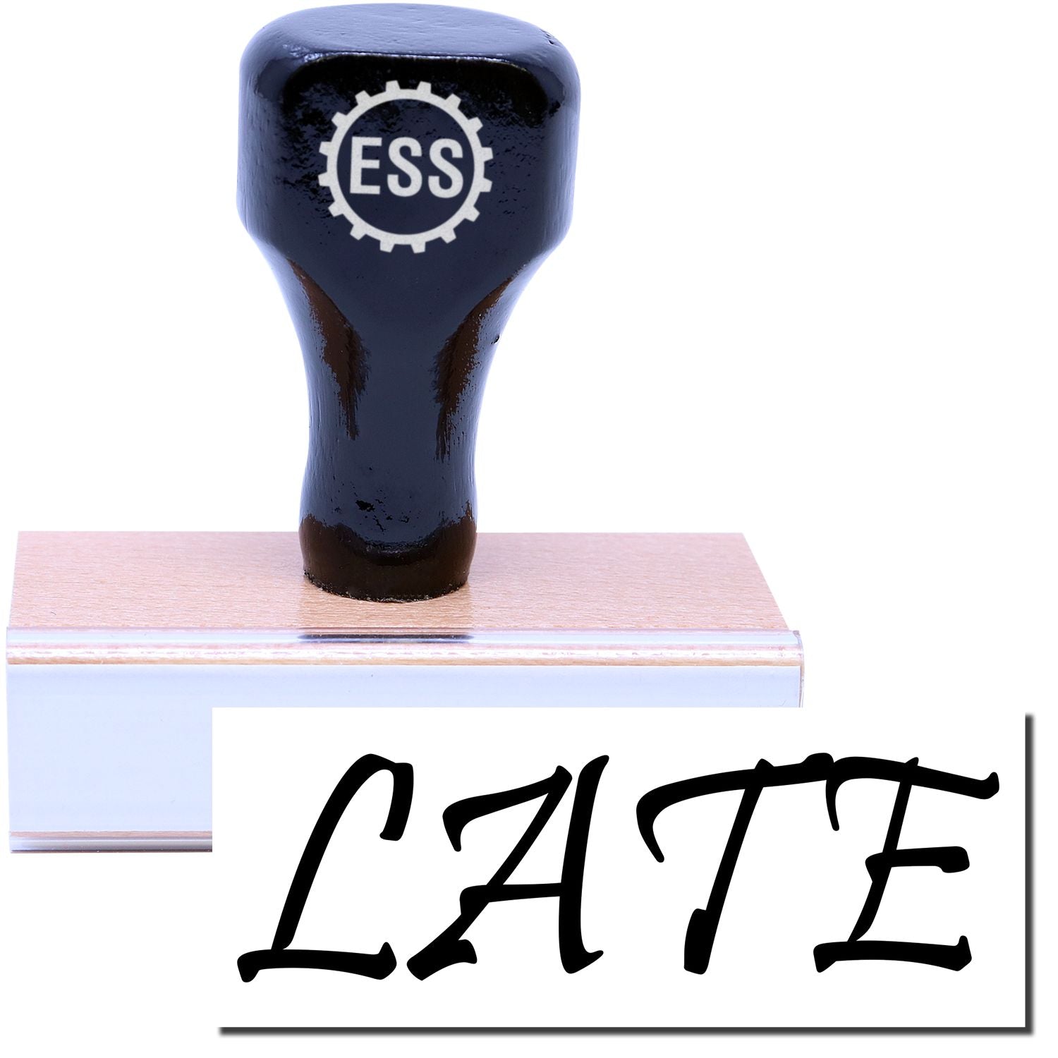 A stock office rubber stamp with a stamped image showing how the text "LATE" in a large font is displayed after stamping.