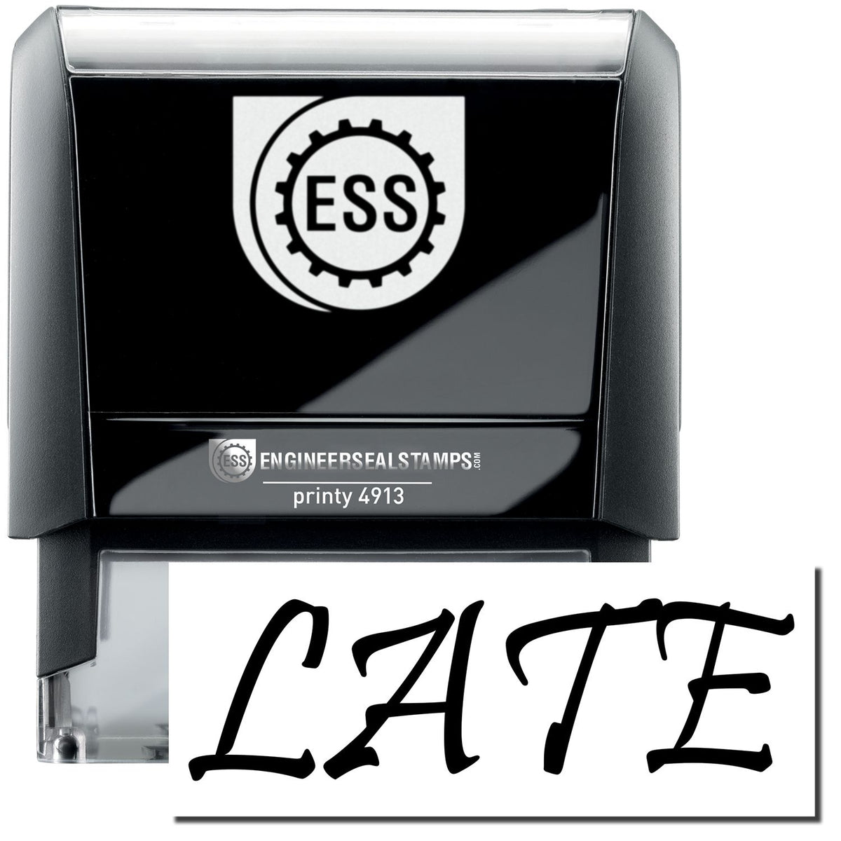 A self-inking stamp with a stamped image showing how the text &quot;LATE&quot; in a unique large bold font is displayed by it.
