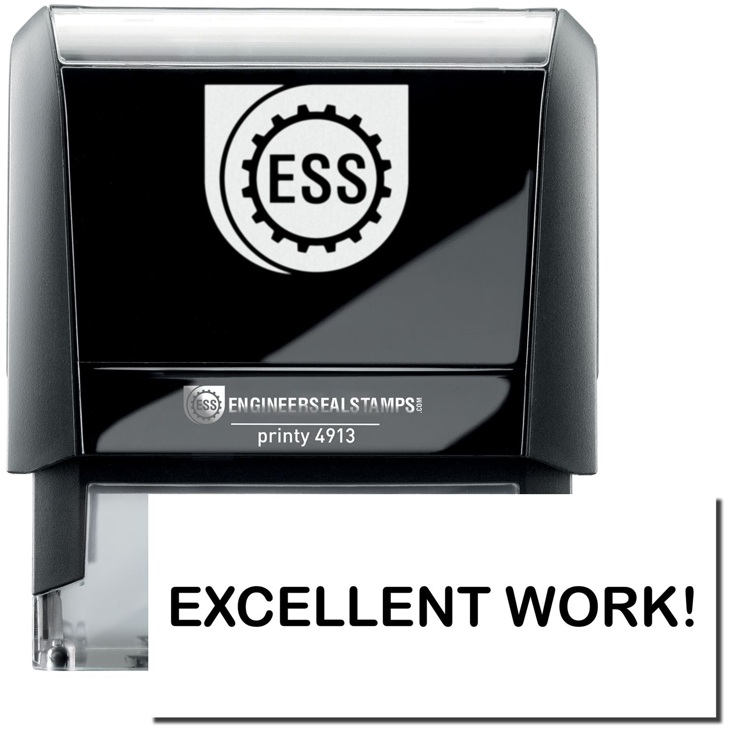 A self-inking stamp with a stamped image showing how the text "EXCELLENT WORK!" in a large bold font is displayed by it.