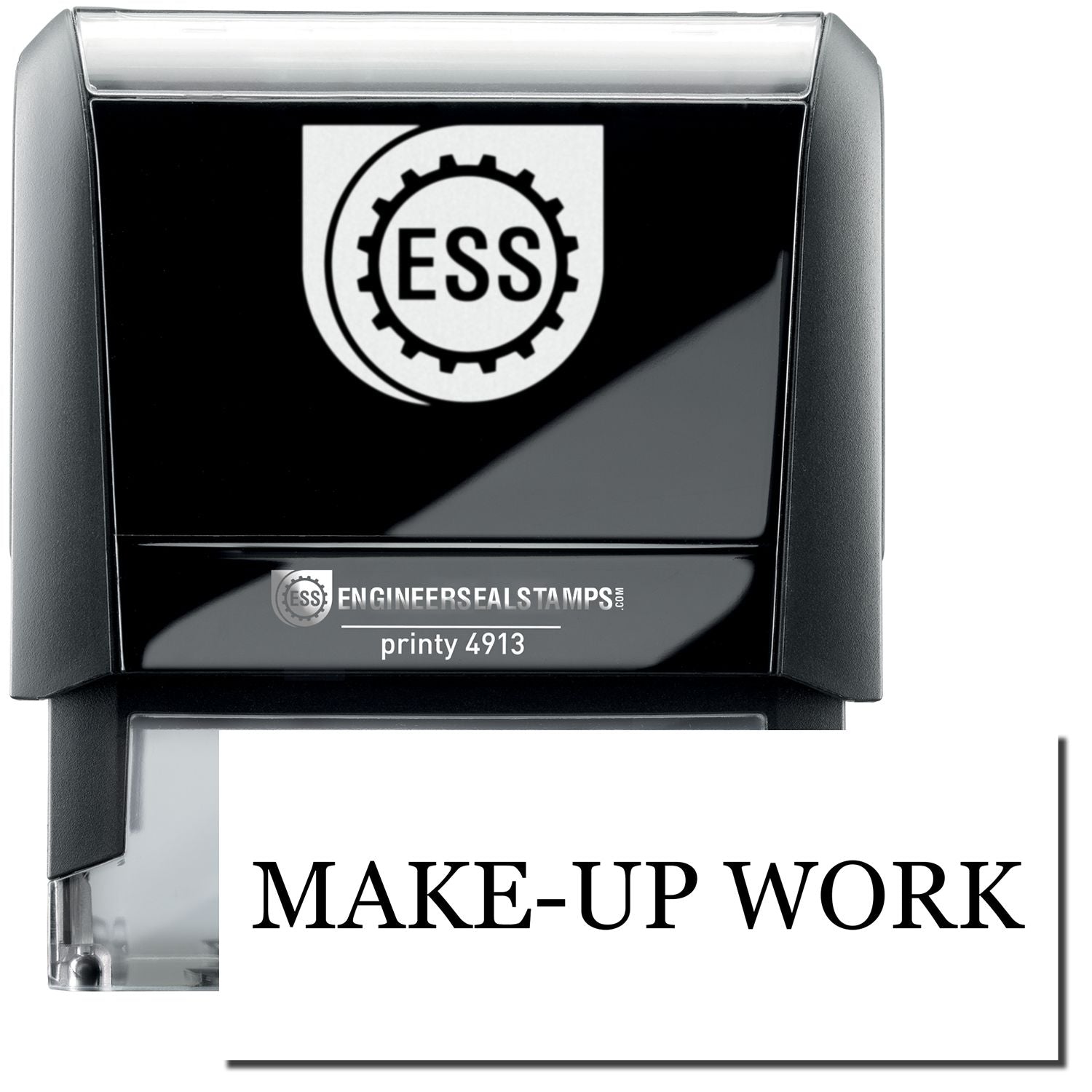 A self-inking stamp with a stamped image showing how the text MAKE-UP WORK in a large bold font is displayed by it.