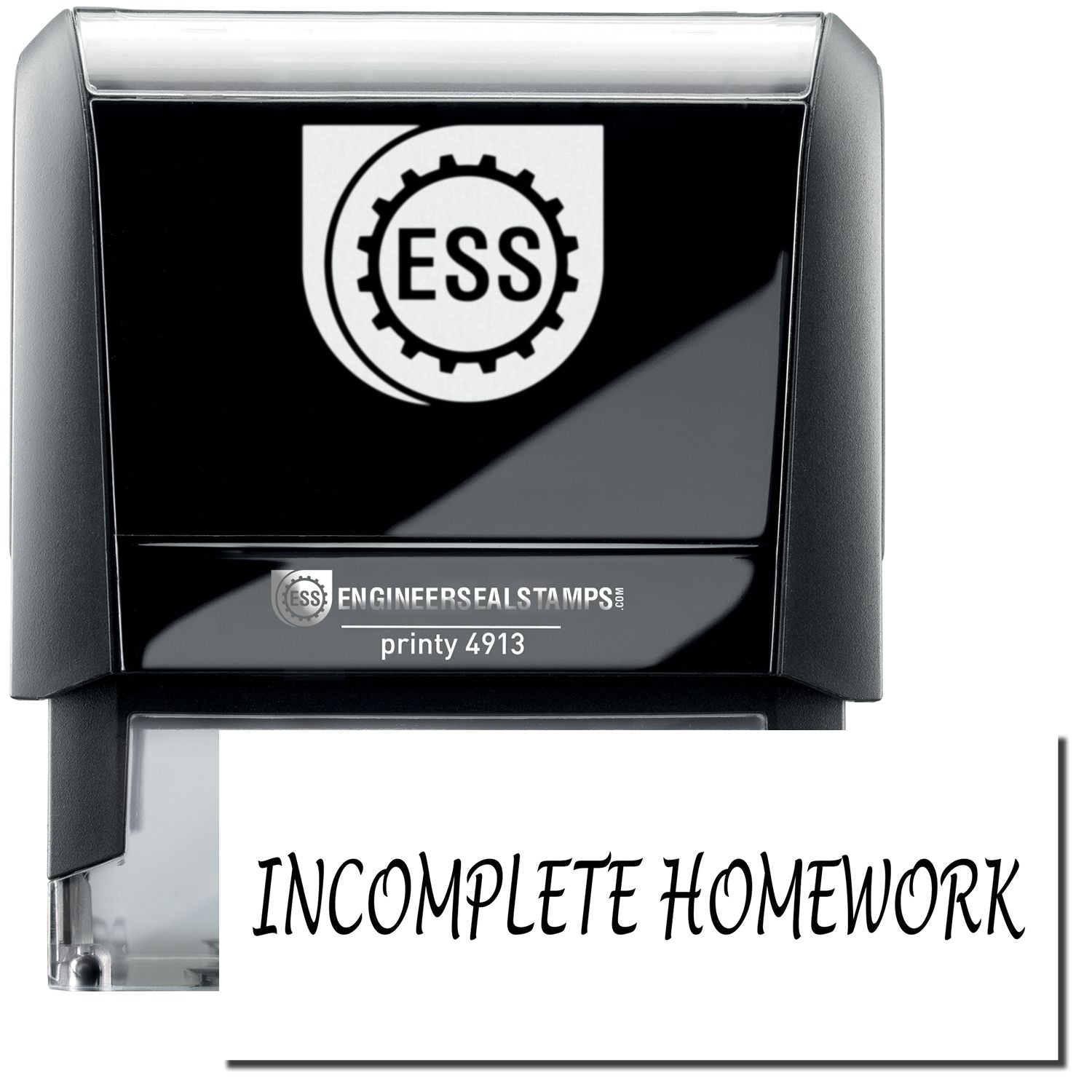 A self-inking stamp with a stamped image showing how the text INCOMPLETE HOMEWORK in a unique large font is displayed after stamping.