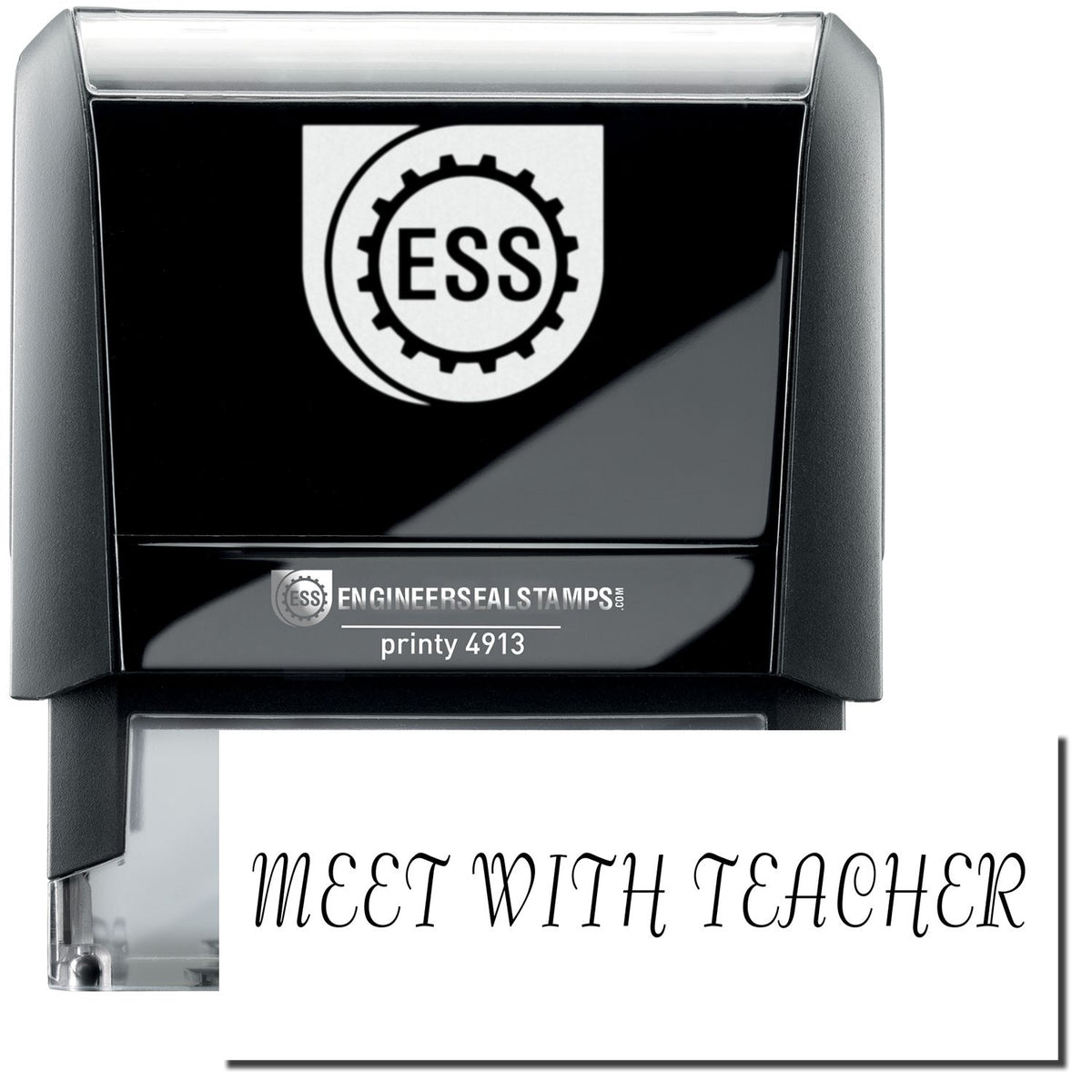 A self-inking stamp with a stamped image showing how the text &quot;MEET WITH TEACHER&quot; in a unique large font is displayed after stamping.