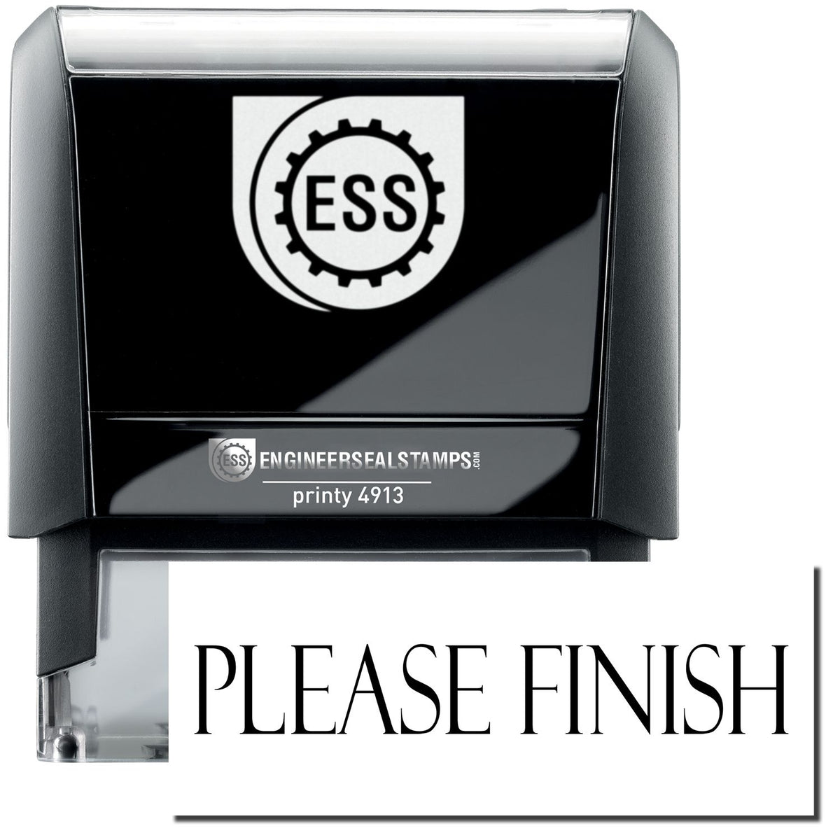 A self-inking stamp with a stamped image showing how the text &quot;PLEASE FINISH&quot; in a large font is displayed after stamping.