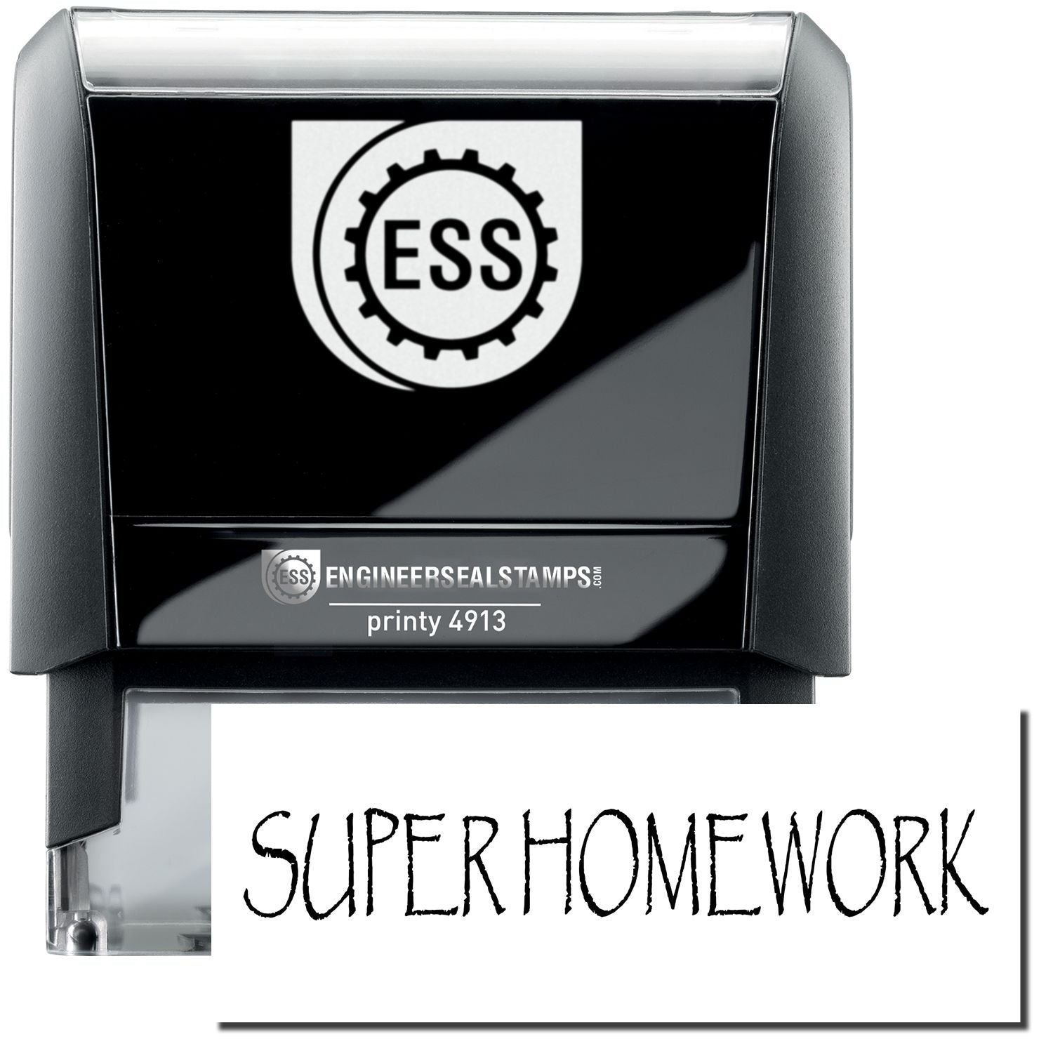 A self-inking stamp with a stamped image showing how the text SUPER HOMEWORK in a unique large font is displayed after stamping.