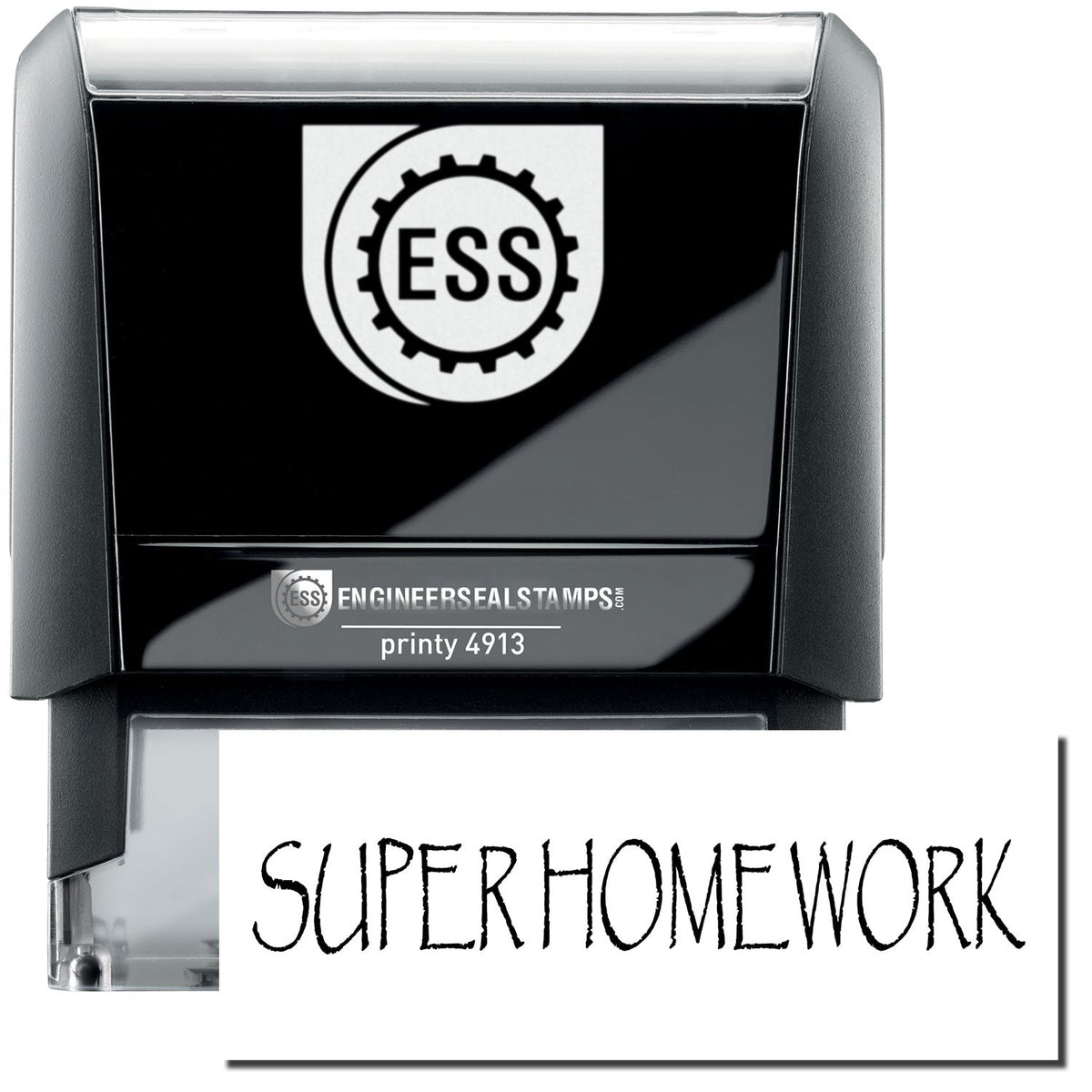 A self-inking stamp with a stamped image showing how the text &quot;SUPER HOMEWORK&quot; in a unique large font is displayed after stamping.