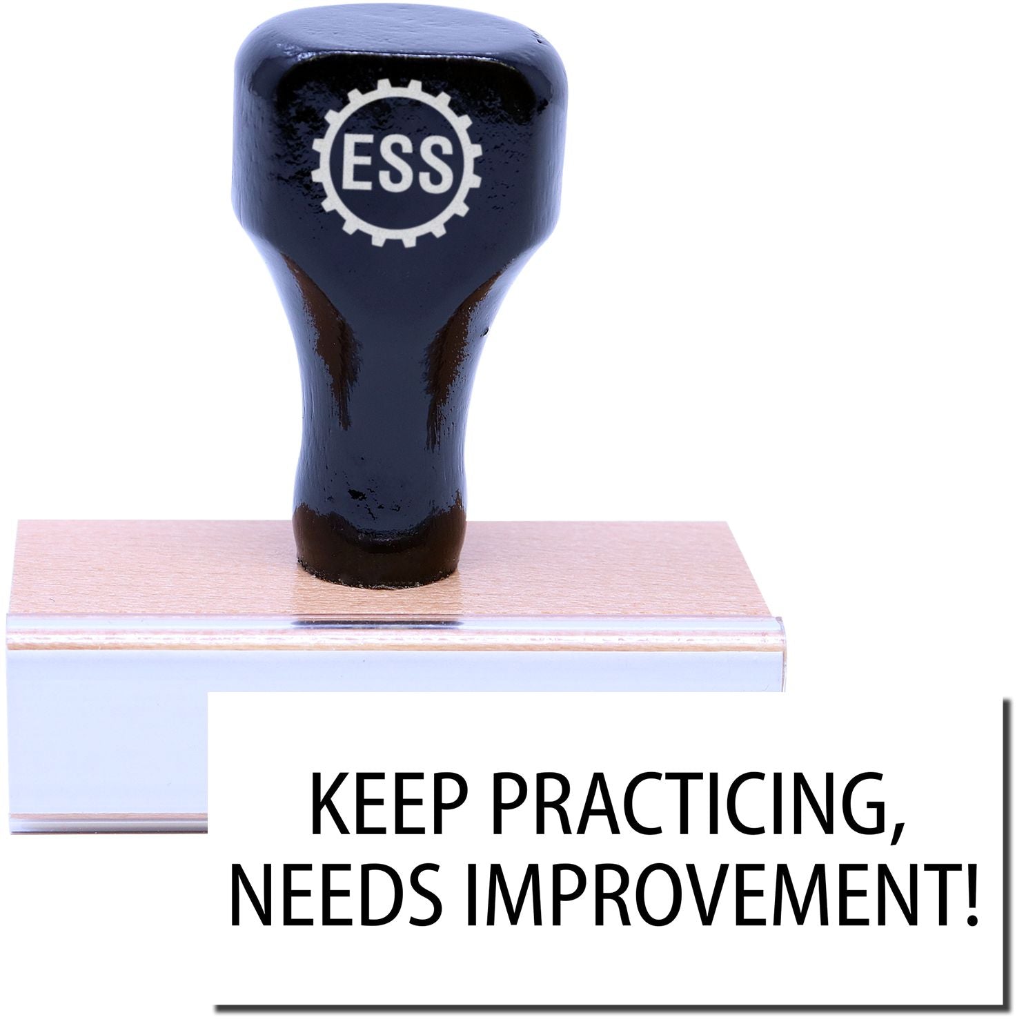 A stock office rubber stamp with a stamped image showing how the text "KEEP PRACTICING, NEEDS IMPROVEMENT!" in a large font is displayed after stamping.