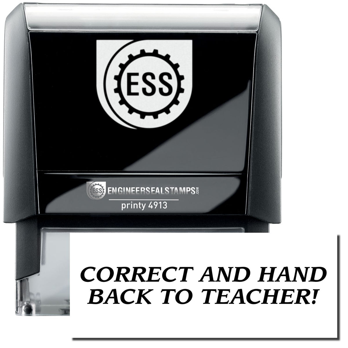 A self-inking stamp with a stamped image showing how the text &quot;CORRECT AND HAND BACK TO TEACHER!&quot; in a large font is displayed by it after stamping.