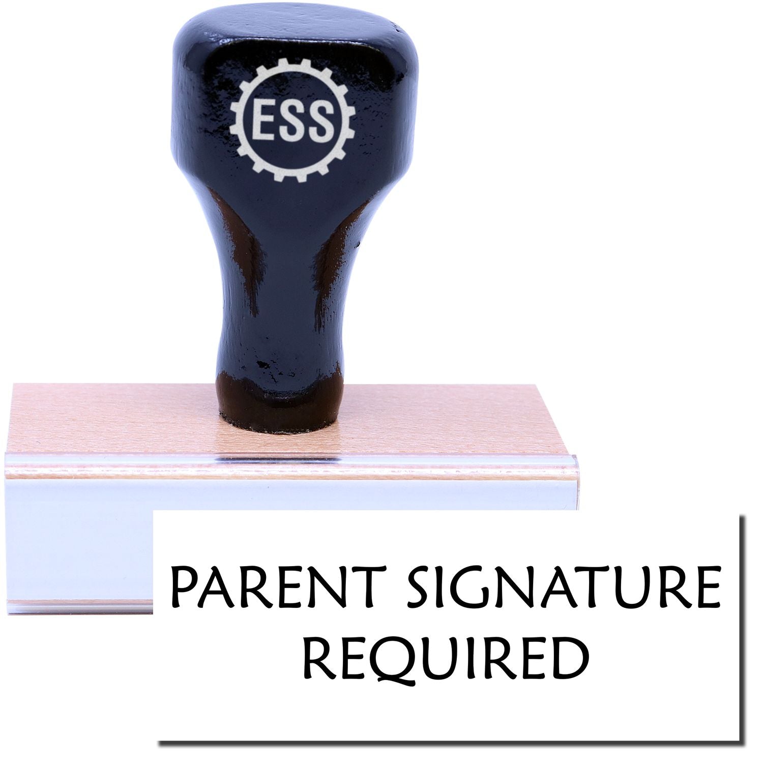 A stock office rubber stamp with a stamped image showing how the text PARENT SIGNATURE REQUIRED in a large font is displayed after stamping.