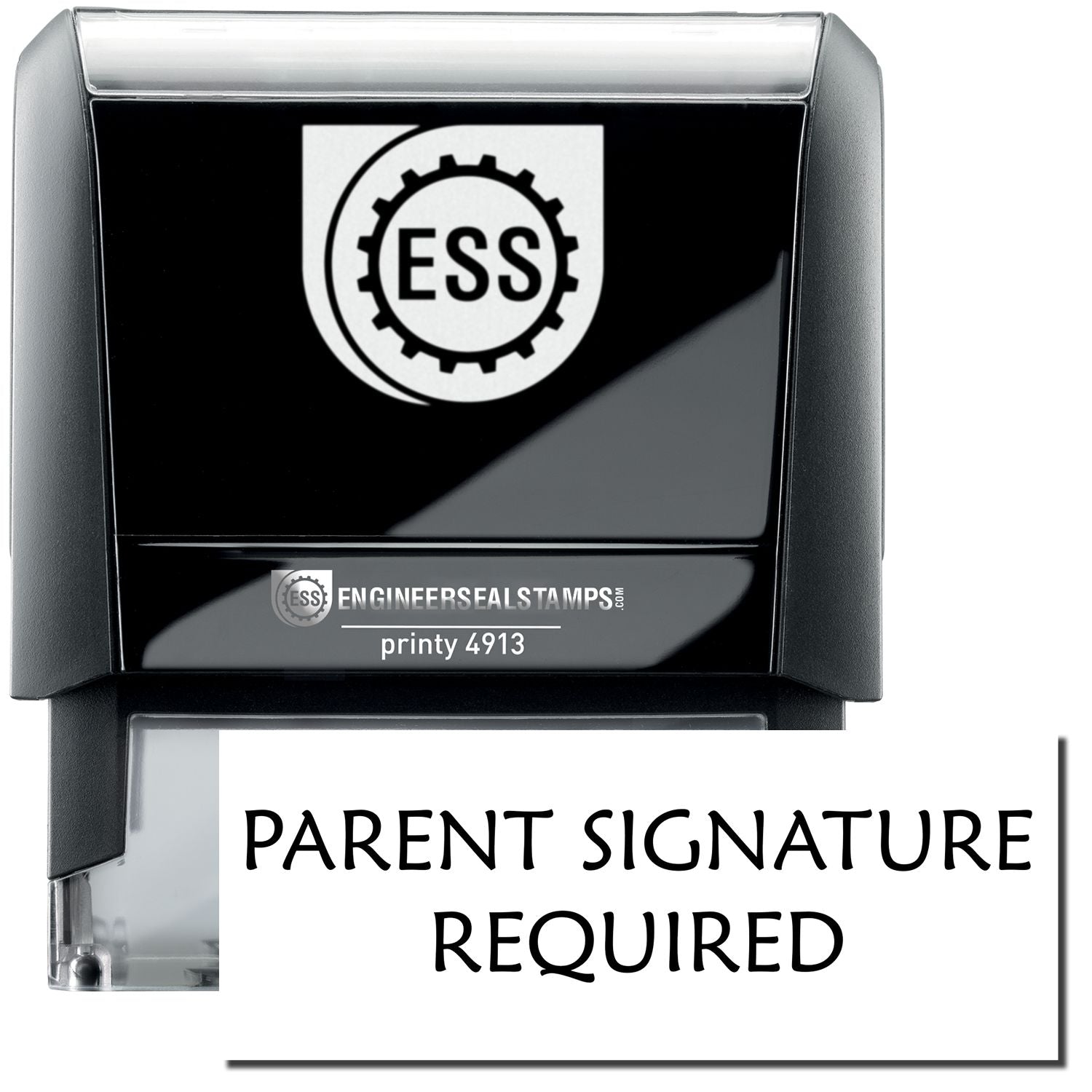 A self-inking stamp with a stamped image showing how the text PARENT SIGNATURE REQUIRED in a large font is displayed by it after stamping.