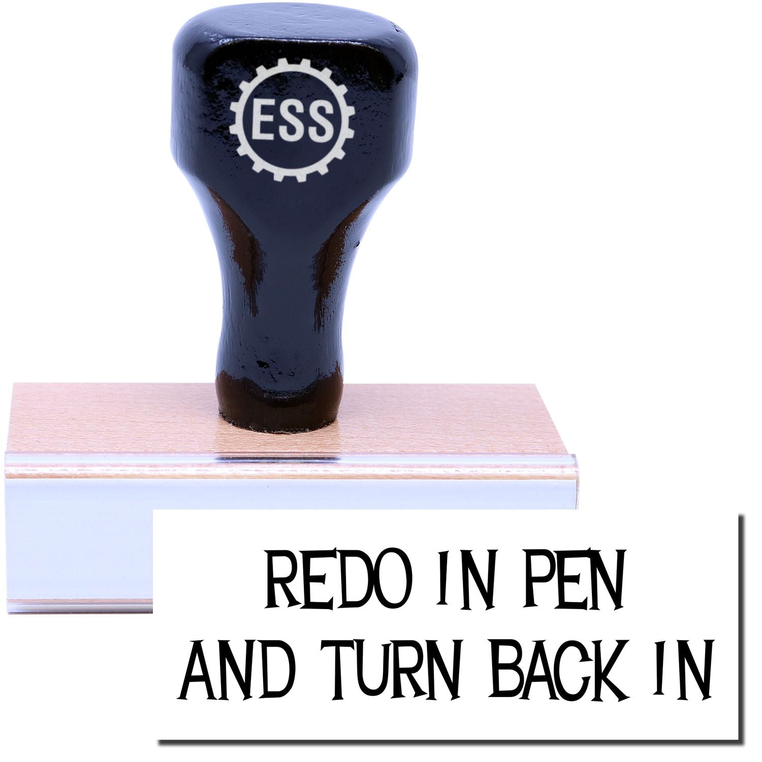 A stock office rubber stamp with a stamped image showing how the text "REDO IN PEN AND TURN BACK IN" in a large font is displayed after stamping.