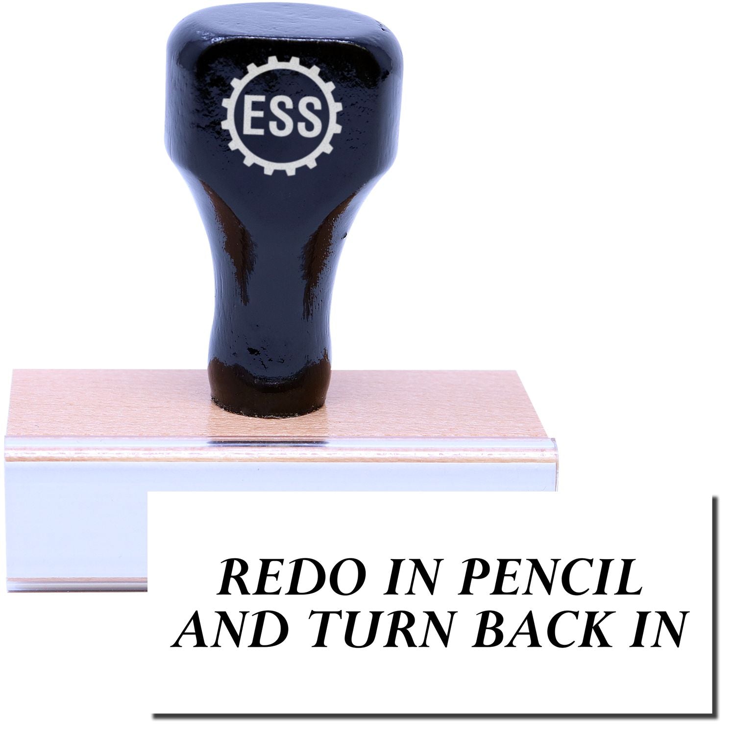 A stock office rubber stamp with a stamped image showing how the text "REDO IN PENCIL AND TURN BACK IN" in a large font is displayed after stamping.