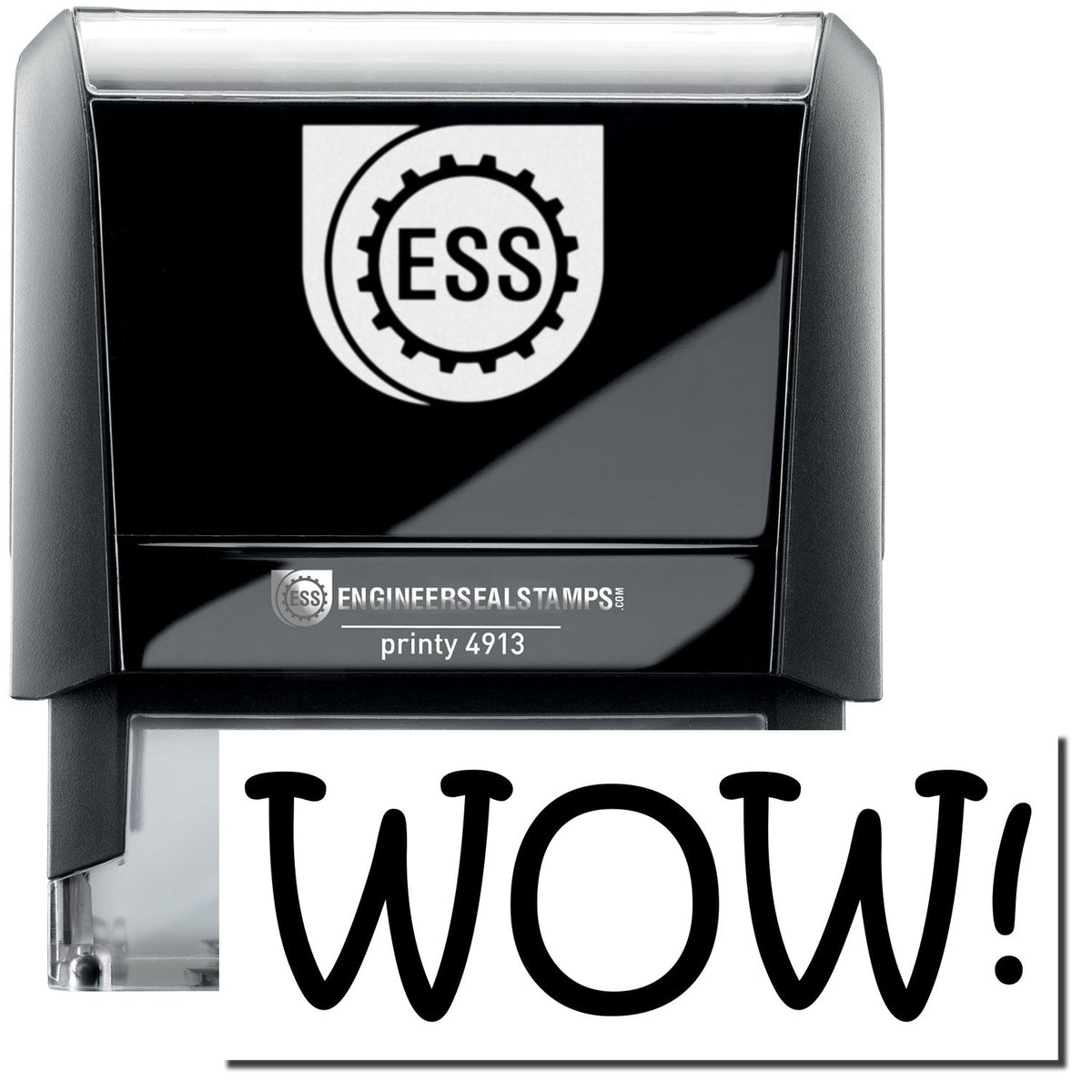 A self-inking stamp with a stamped image showing how the text &quot;WOW!&quot; in a large bold font is displayed by it after stamping.