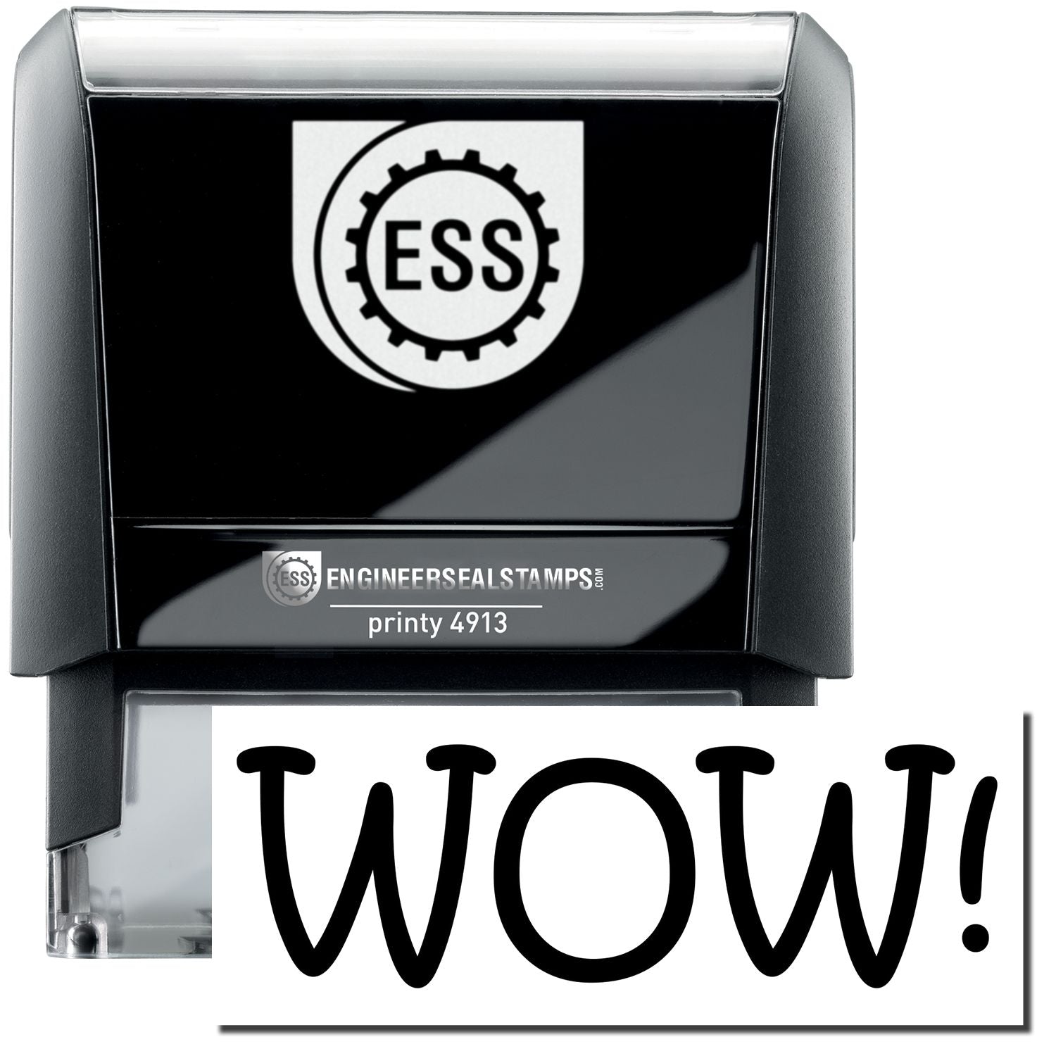 A self-inking stamp with a stamped image showing how the text "WOW!" in a large bold font is displayed by it after stamping.