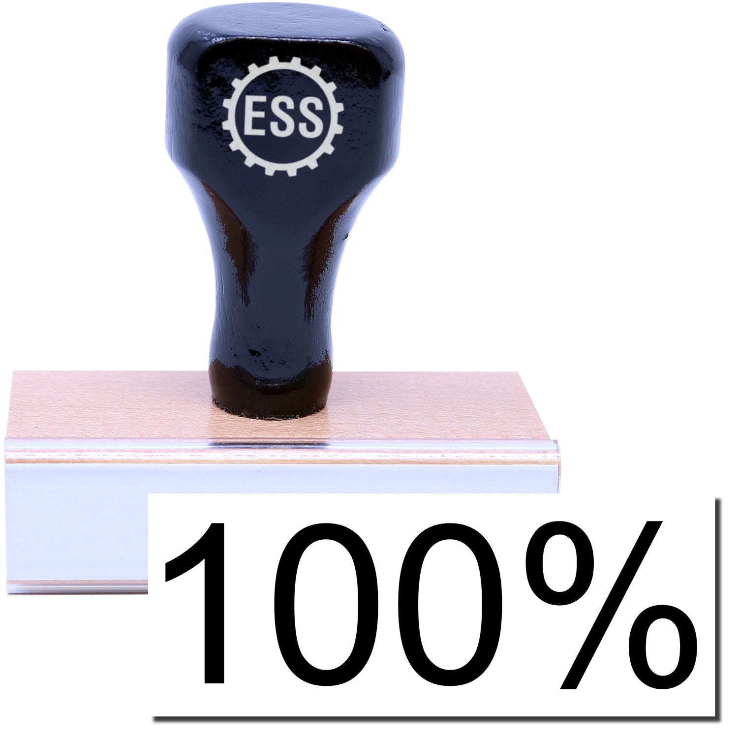 A stock office rubber stamp with a stamped image showing how the text 100% in a large font is displayed after stamping.