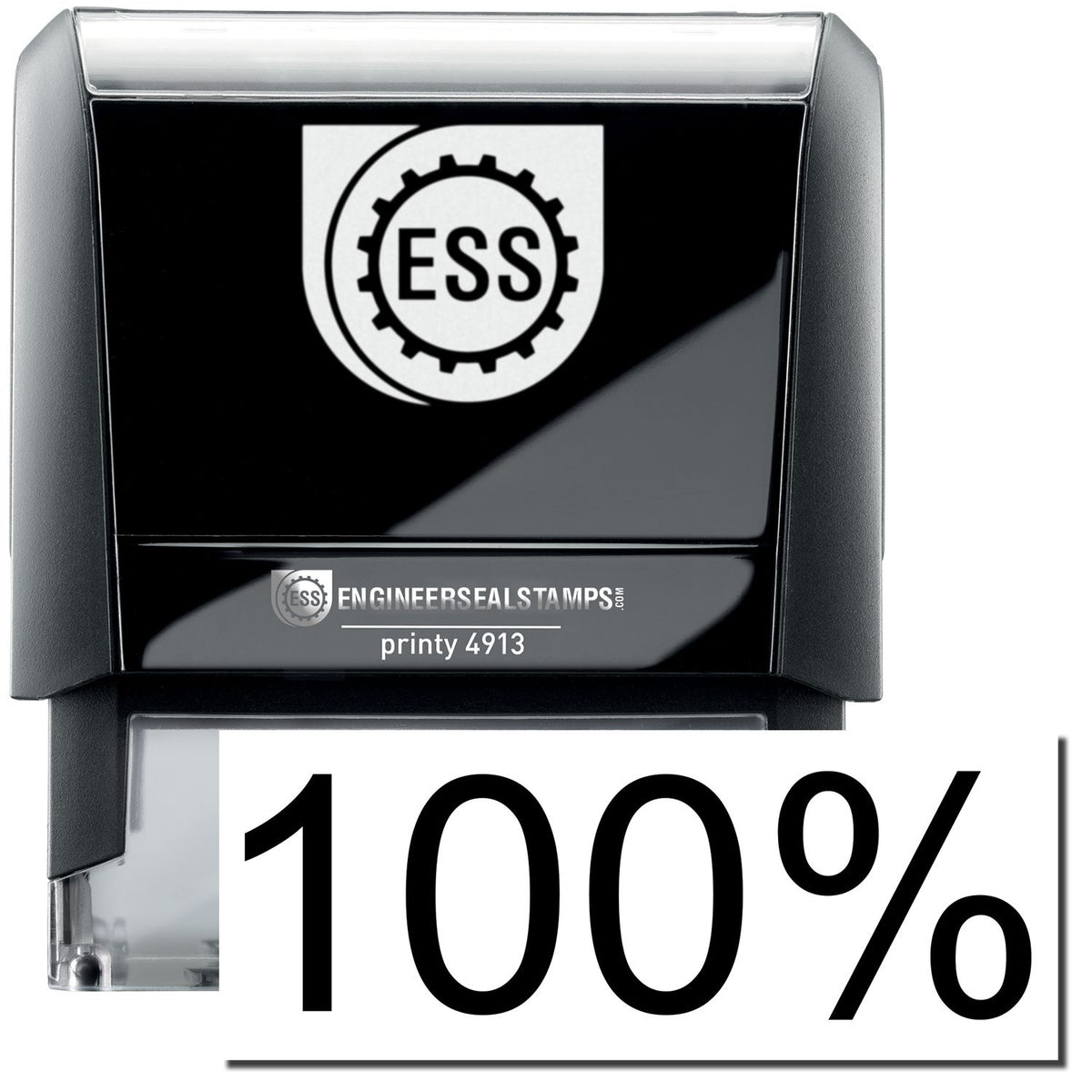 A self-inking stamp with a stamped image showing how the text &quot;100%&quot; in a large bold font is displayed by it after stamping.