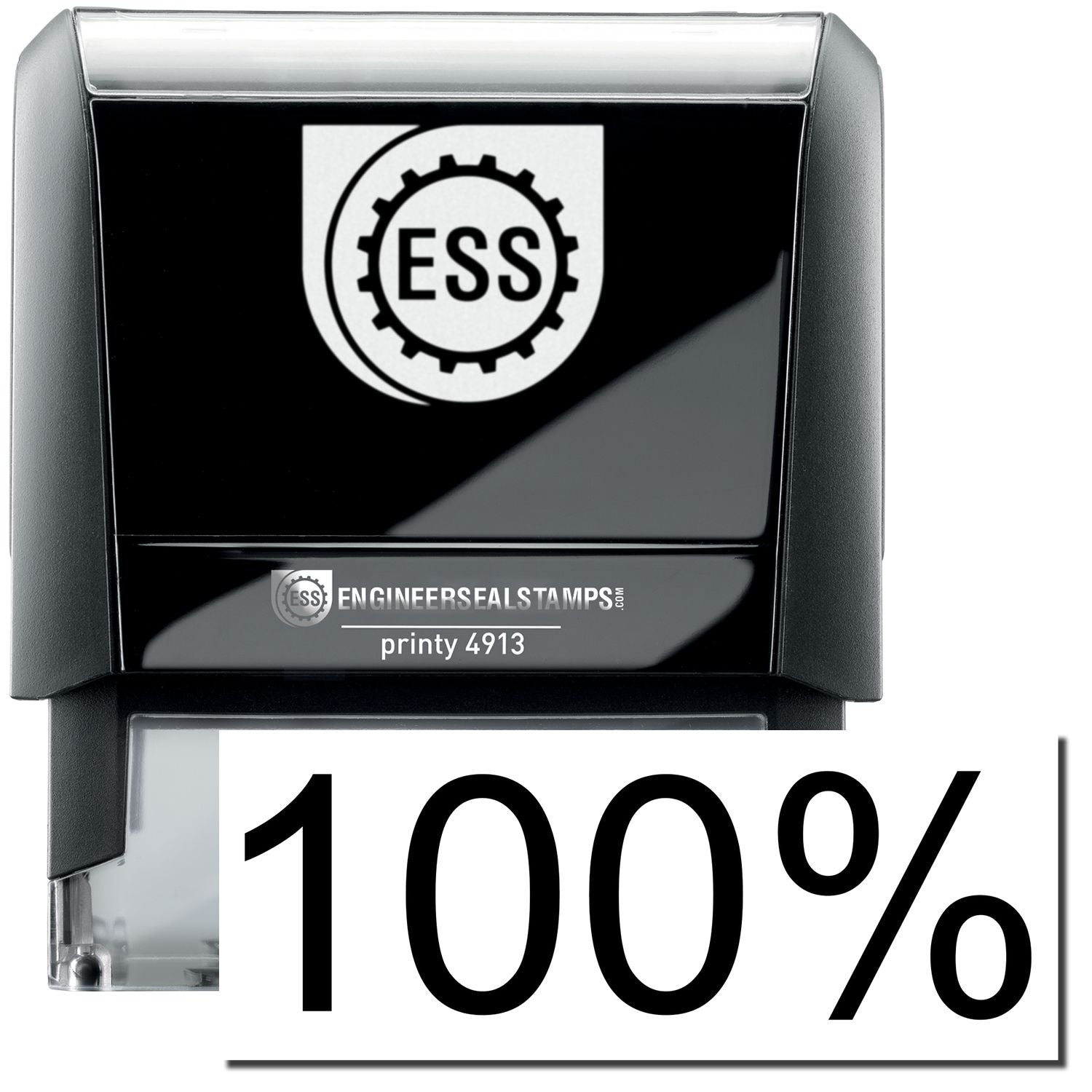A self-inking stamp with a stamped image showing how the text "100%" in a large bold font is displayed by it after stamping.