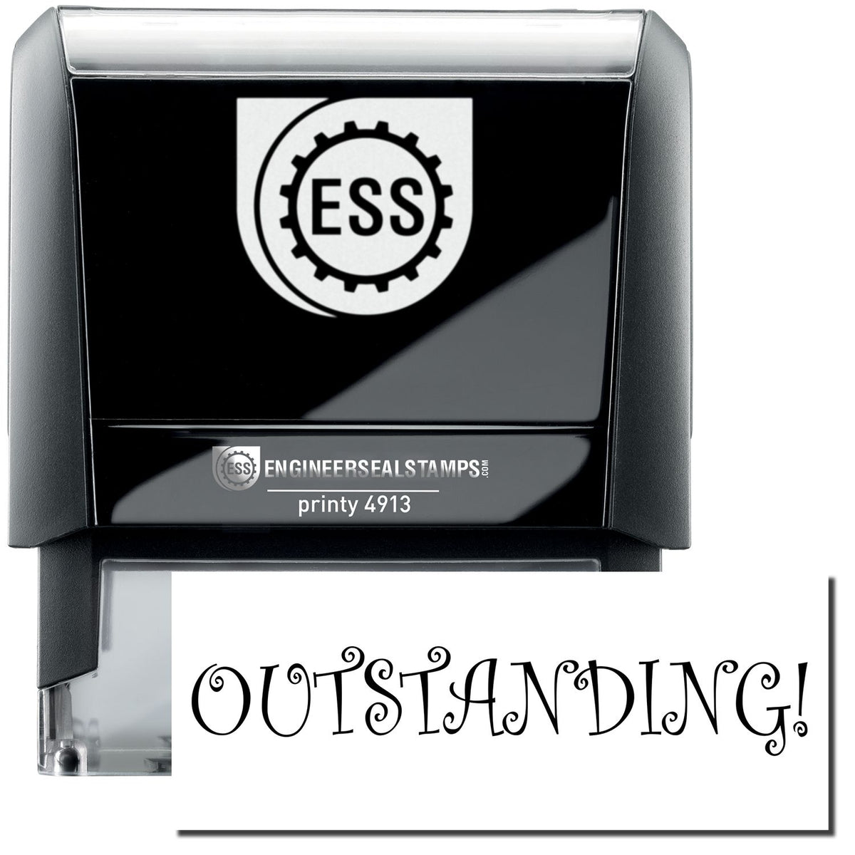 A self-inking stamp with a stamped image showing how the text &quot;OUTSTANDING!&quot; in a large unique font is displayed by it after stamping.