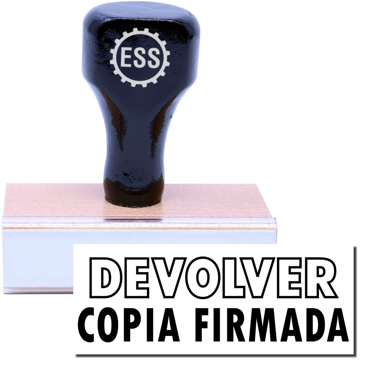 A stock office rubber stamp with a stamped image showing how the text &quot;DEVOLVER COPIA FIRMADA&quot; (&quot;DEVOLVER&quot; in an outline font) is displayed after stamping.