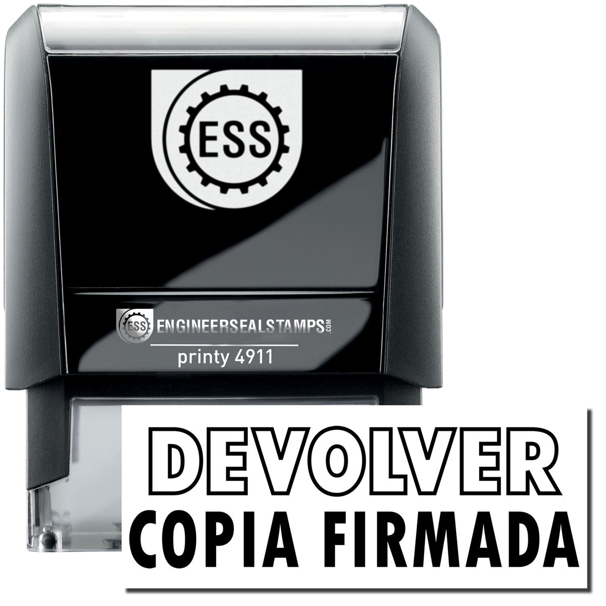 A self-inking stamp with a stamped image showing how the text &quot;DEVOLVER COPIA FIRMADA&quot; (&quot;DEVOLVER&quot; in an outline style) is displayed after stamping.