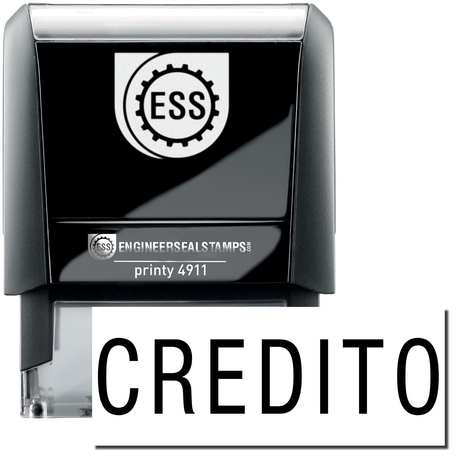 A self-inking stamp with a stamped image showing how the text CREDITO is displayed after stamping.