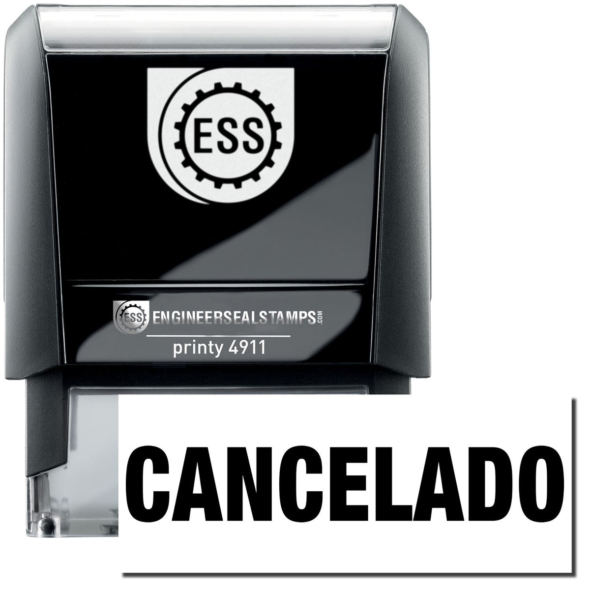 A self-inking stamp with a stamped image showing how the text &quot;CANCELADO&quot; is displayed after stamping.