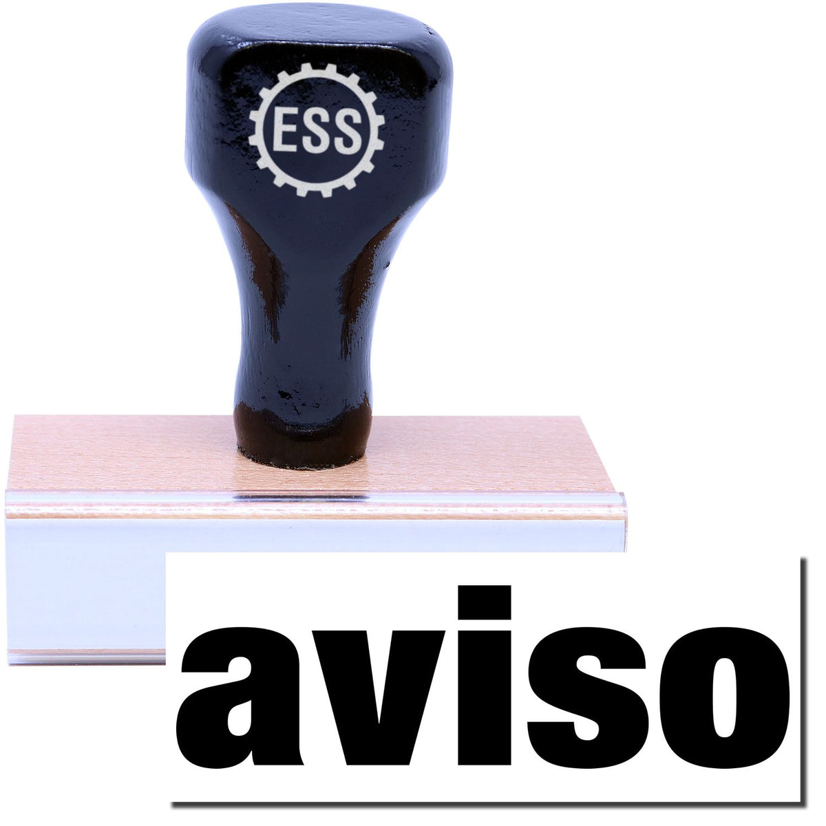 A stock office rubber stamp with a stamped image showing how the text &quot;aviso&quot; is displayed after stamping.