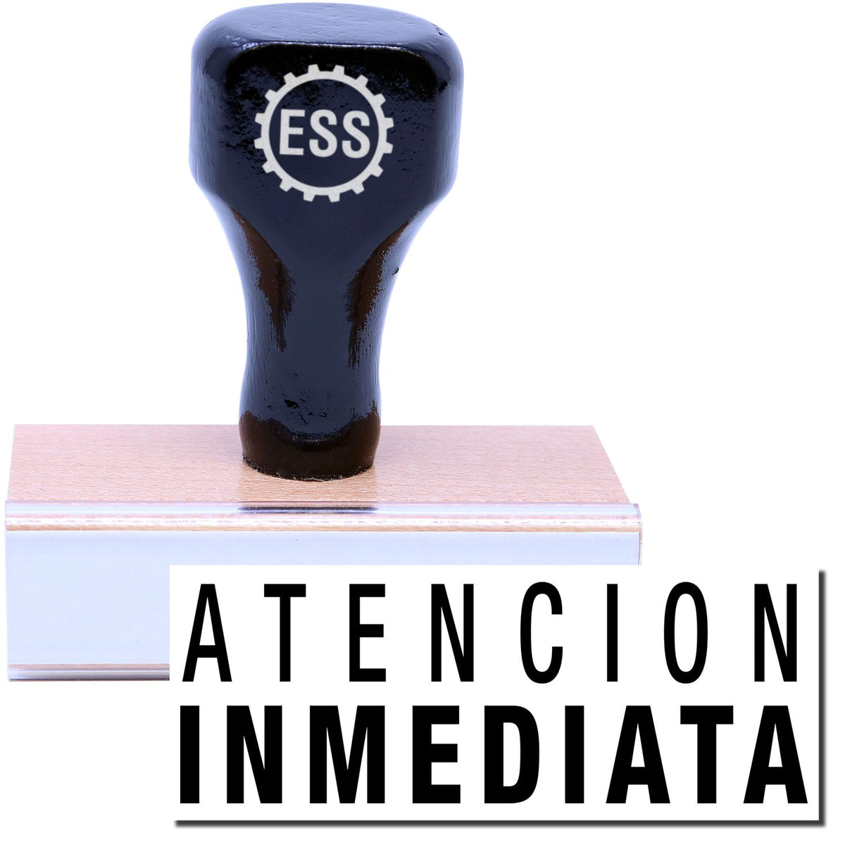 A stock office rubber stamp with a stamped image showing how the text &quot;ATENCION INMEDIATA&quot; is displayed after stamping.