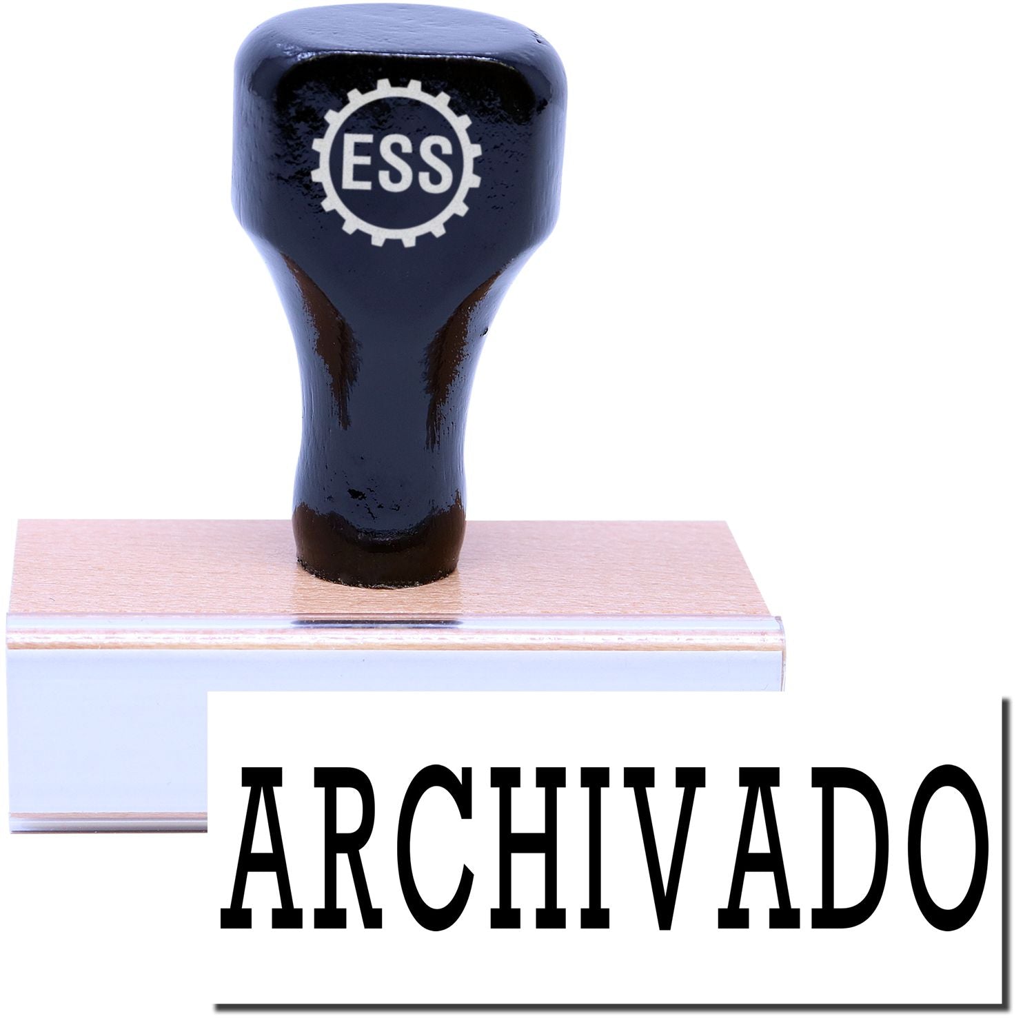 A stock office rubber stamp with a stamped image showing how the text ARCHIVADO is displayed after stamping.