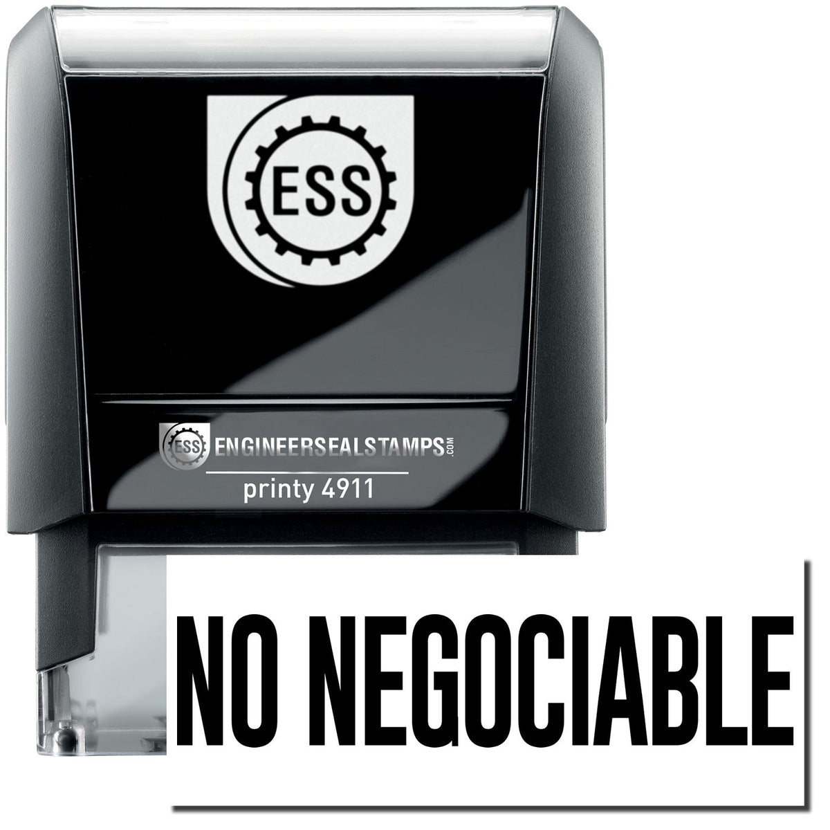 A self-inking stamp with a stamped image showing how the text &quot;NO NEGOCIABLE&quot; is displayed after stamping.