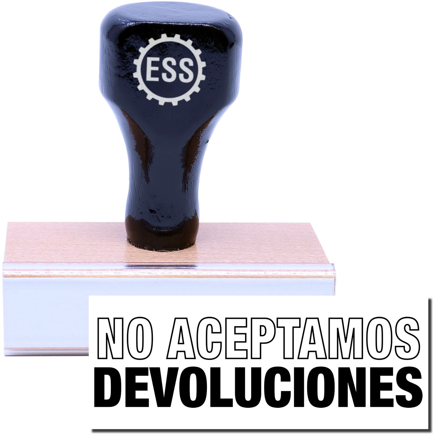 A stock office rubber stamp with a stamped image showing how the text NO ACEPTAMOS DEVOLUCIONES is displayed after stamping.