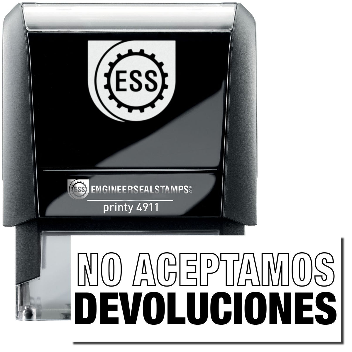 A self-inking stamp with a stamped image showing how the text &quot;NO ACEPTAMOS DEVOLUCIONS&quot; (&quot;NO ACEPTAMOS&quot; in an outline style and &quot;DEVOLUCIONS&quot; in bold font) is displayed after stamping.