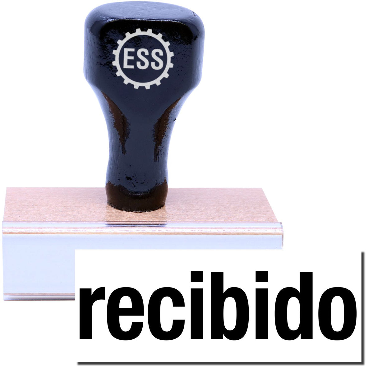 A stock office rubber stamp with a stamped image showing how the text &quot;recibido&quot; in bold font is displayed after stamping.