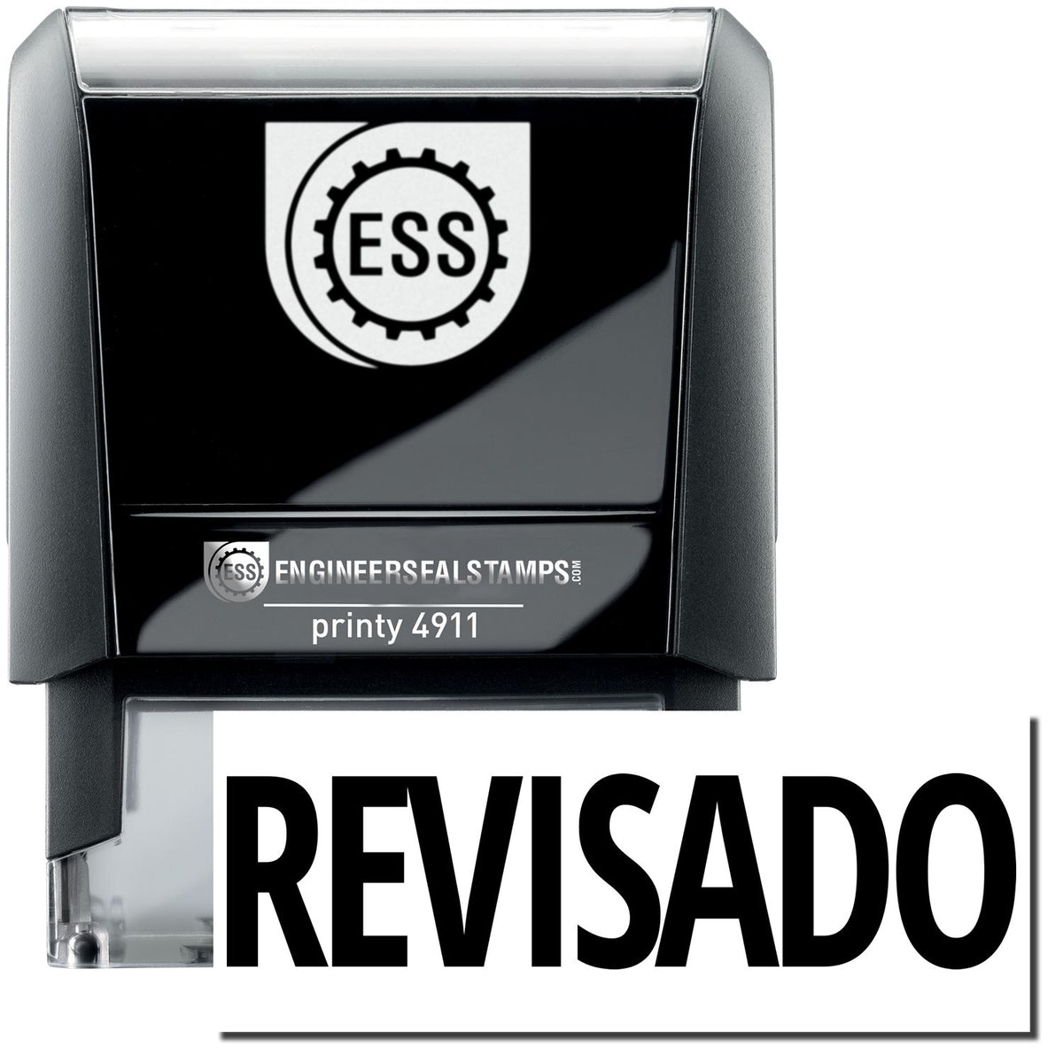 A self-inking stamp with a stamped image showing how the text &quot;REVISADO&quot; is displayed after stamping.