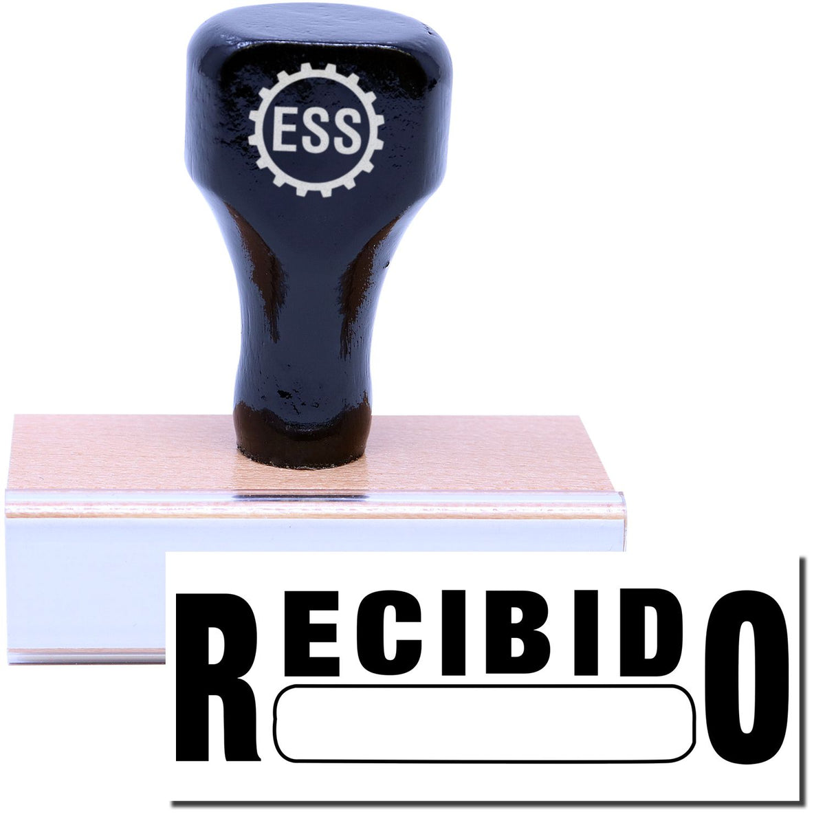 A stock office rubber stamp with a stamped image showing how the text &quot;RECIBIDO&quot; with a box is displayed after stamping.