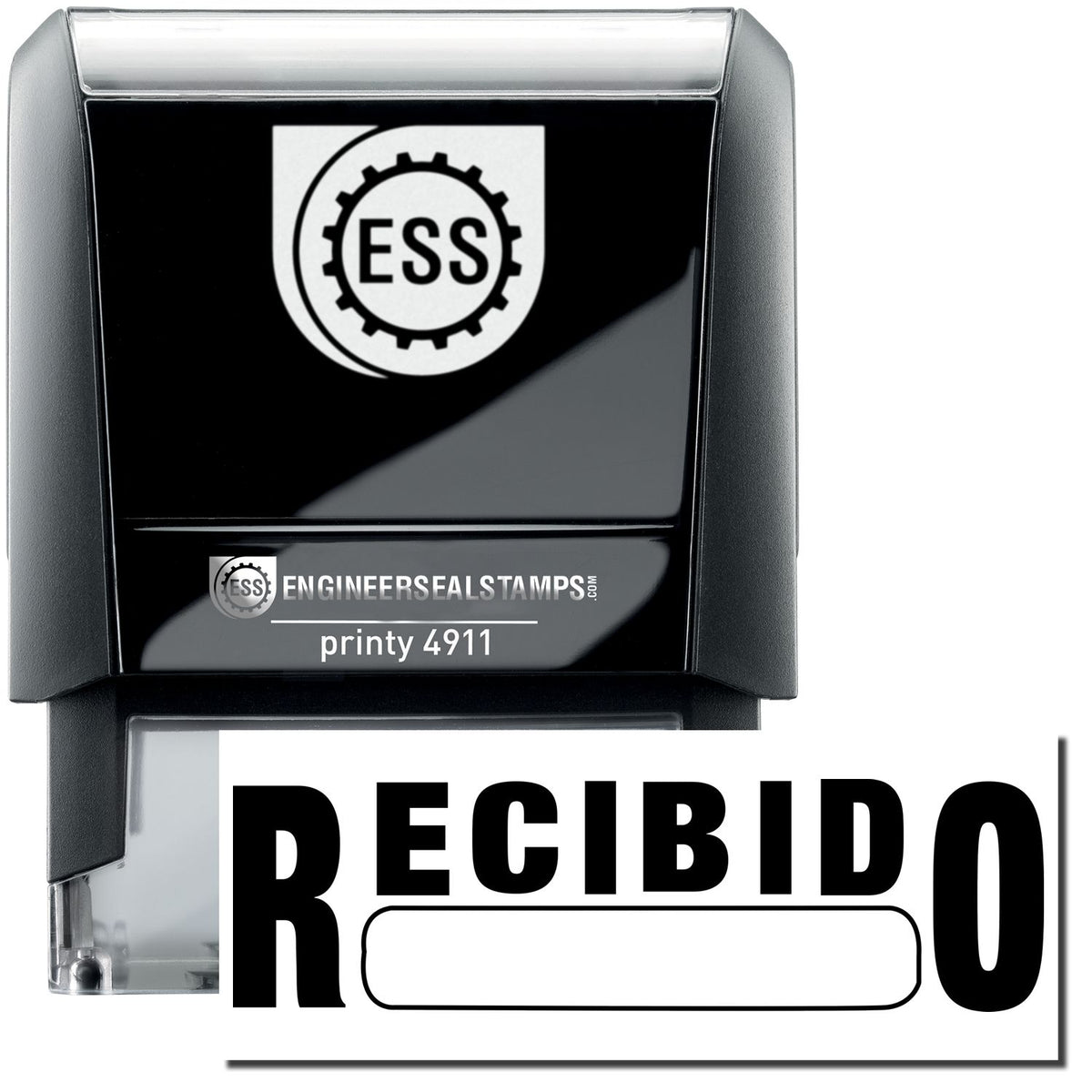 A self-inking stamp with a stamped image showing how the text &quot;RECIBIDO&quot; with a box under it is displayed after stamping.