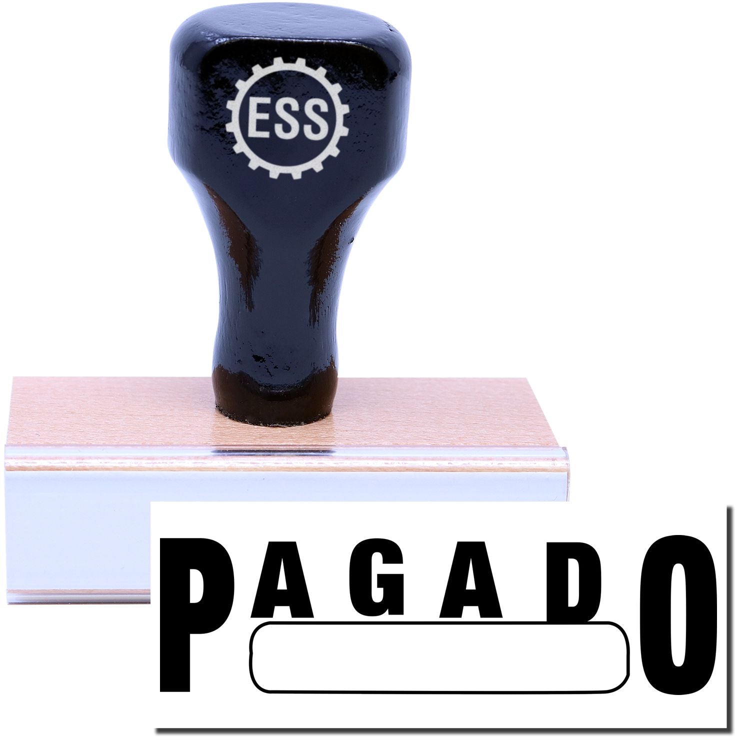 A stock office rubber stamp with a stamped image showing how the text PAGADO with a box is displayed after stamping.