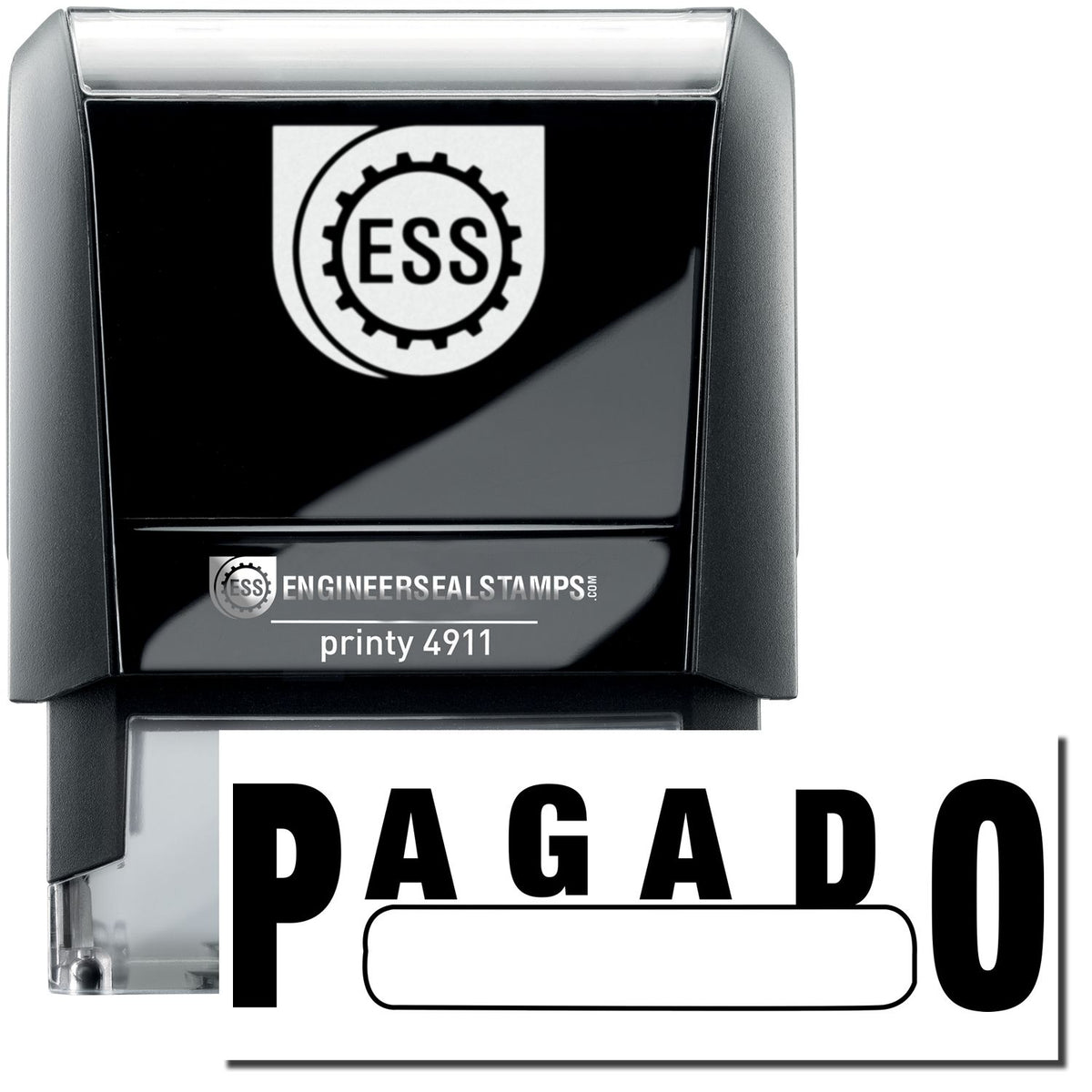 A self-inking stamp with a stamped image showing how the text &quot;PAGADO&quot; with a box under it is displayed after stamping.