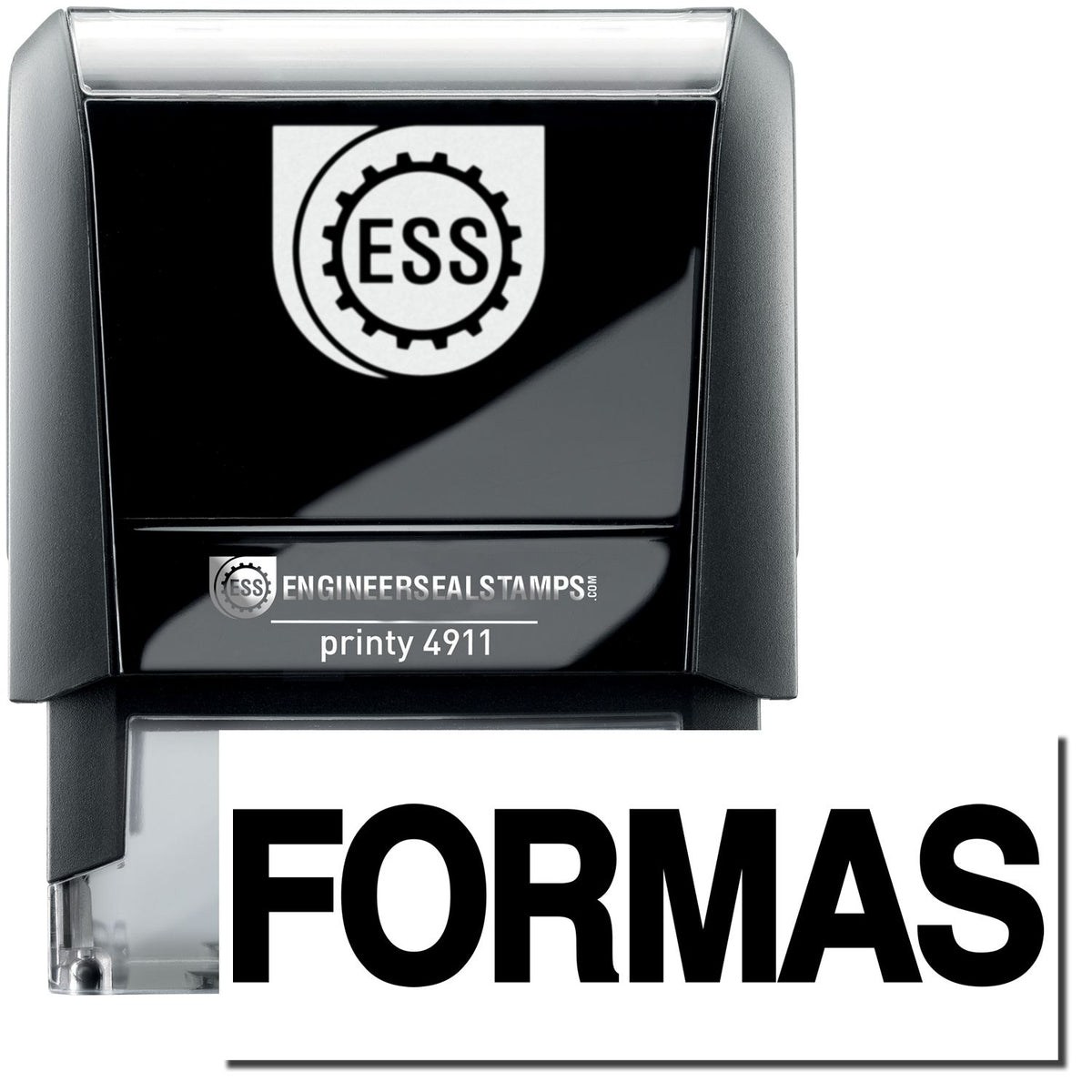 A self-inking stamp with a stamped image showing how the text &quot;FORMAS&quot; is displayed after stamping.