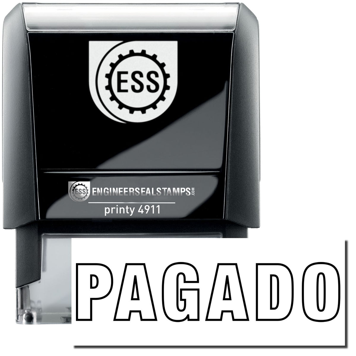 A self-inking stamp with a stamped image showing how the text &quot;PAGADO&quot; in an outline style is displayed after stamping.