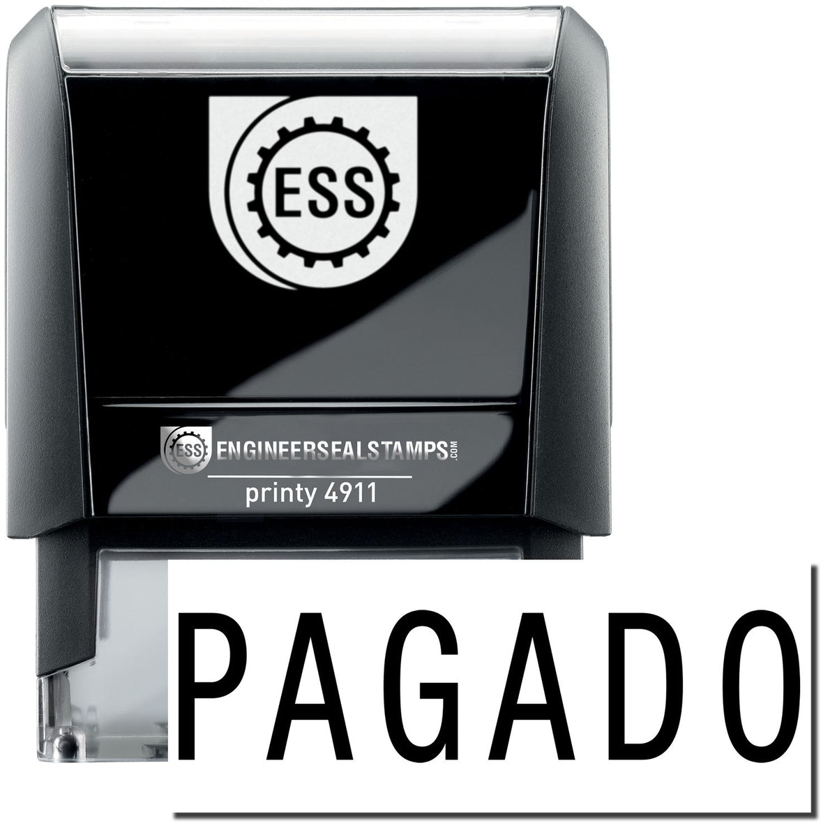 A self-inking stamp with a stamped image showing how the text &quot;PAGADO&quot; is displayed after stamping.